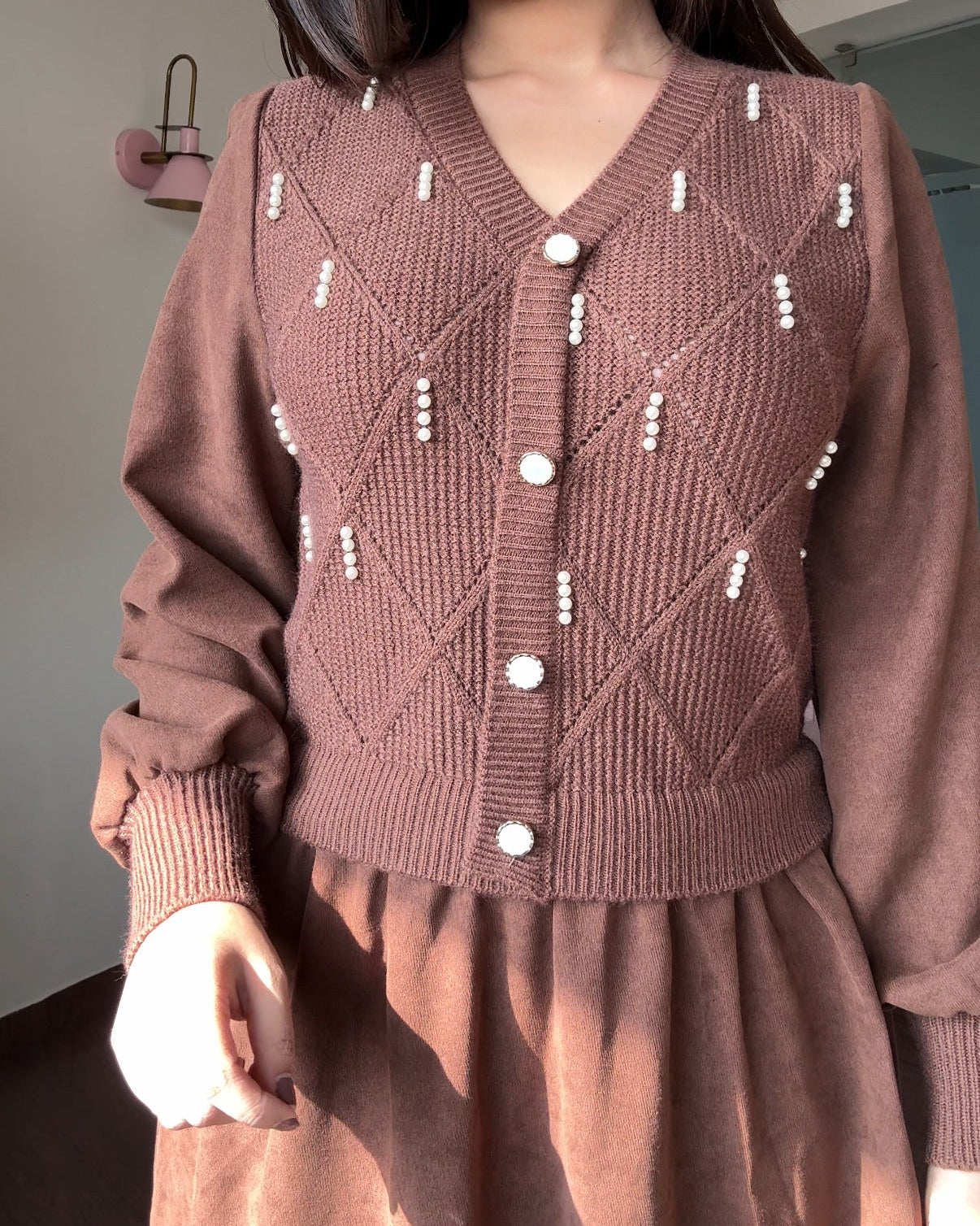 Pearl Detailing Vest-Style Flared Winter Dress