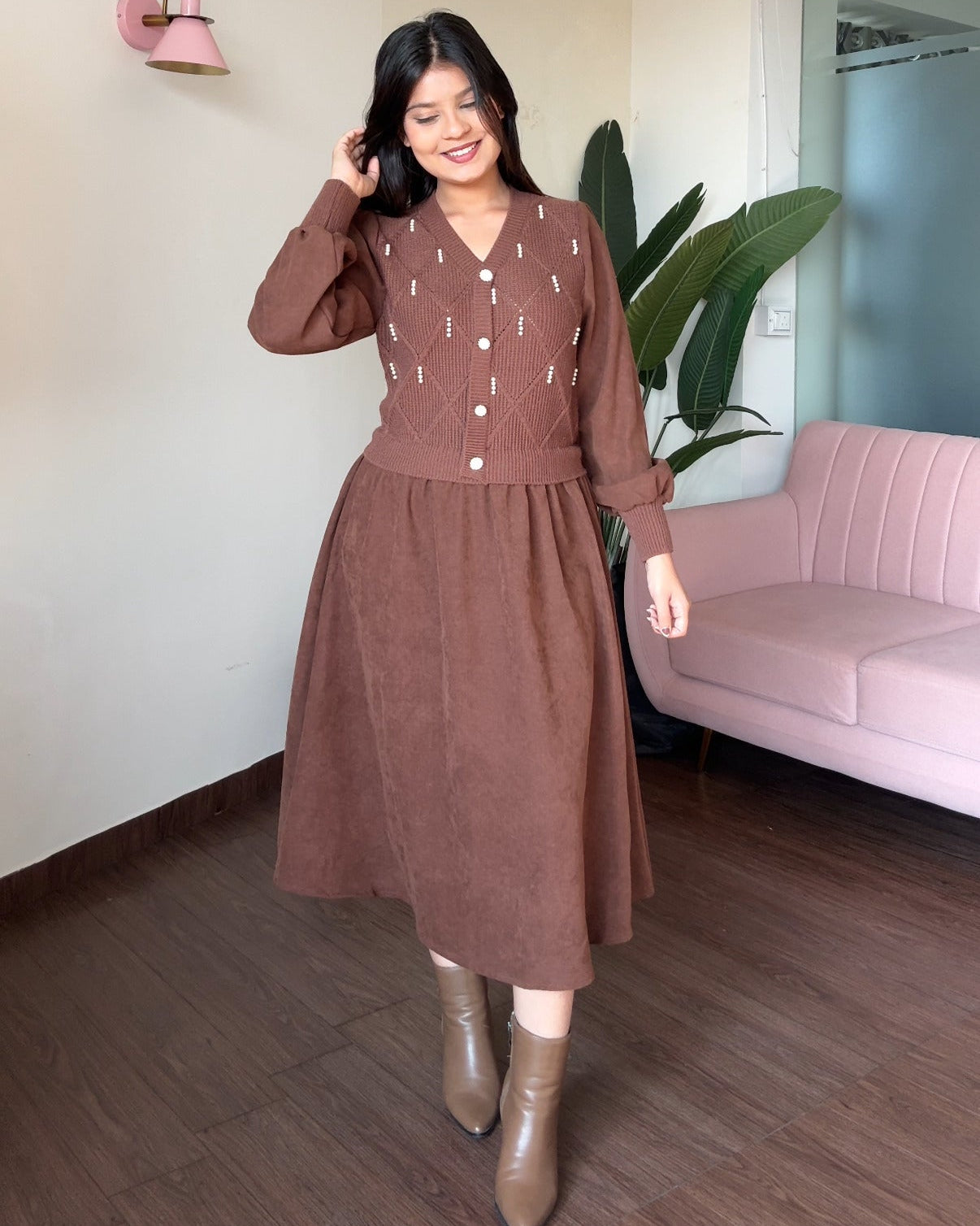 Pearl Detailing Vest-Style Flared Winter Dress