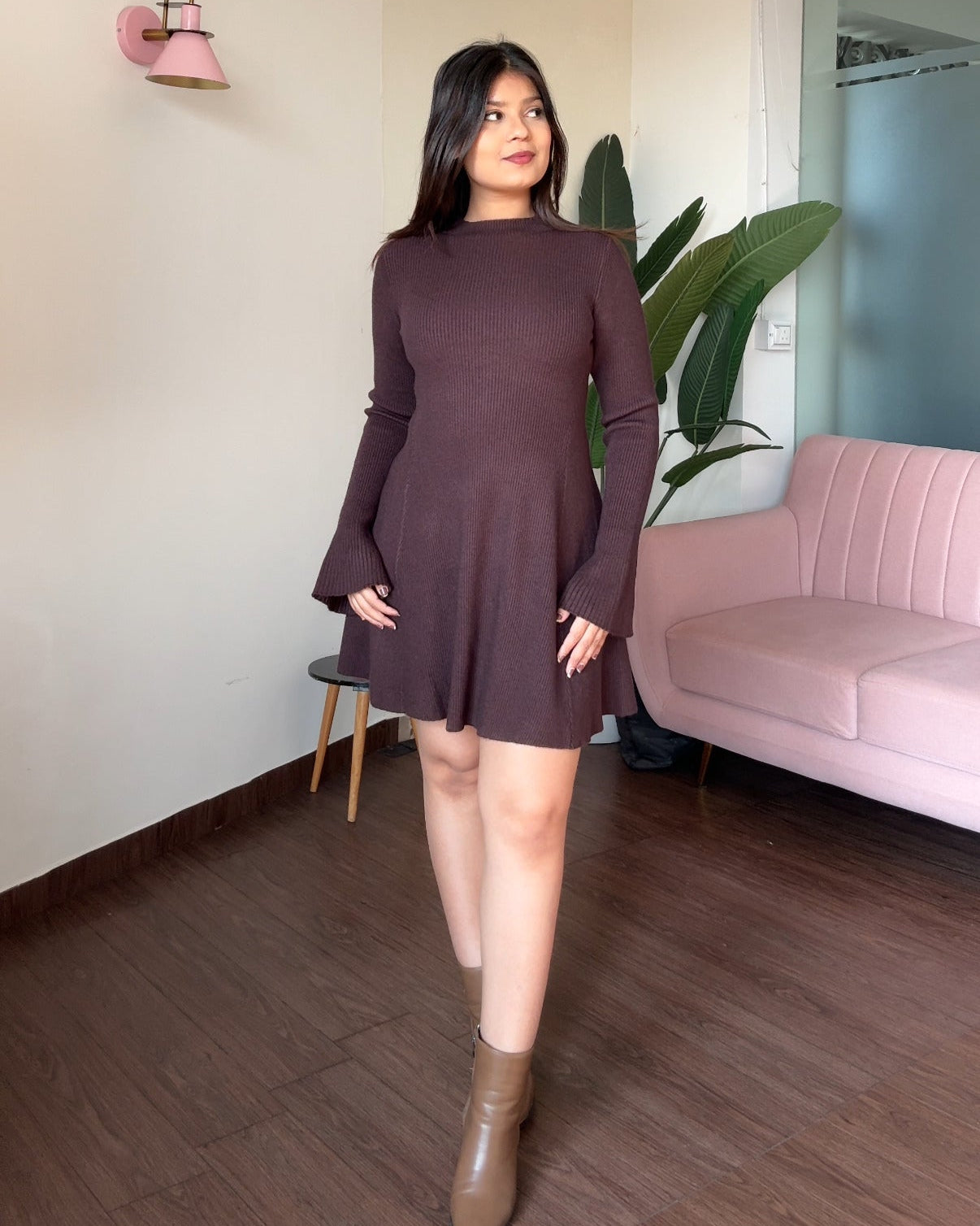 High Neck Fit And Flared Bell Sleeve Mini Sweater Dress