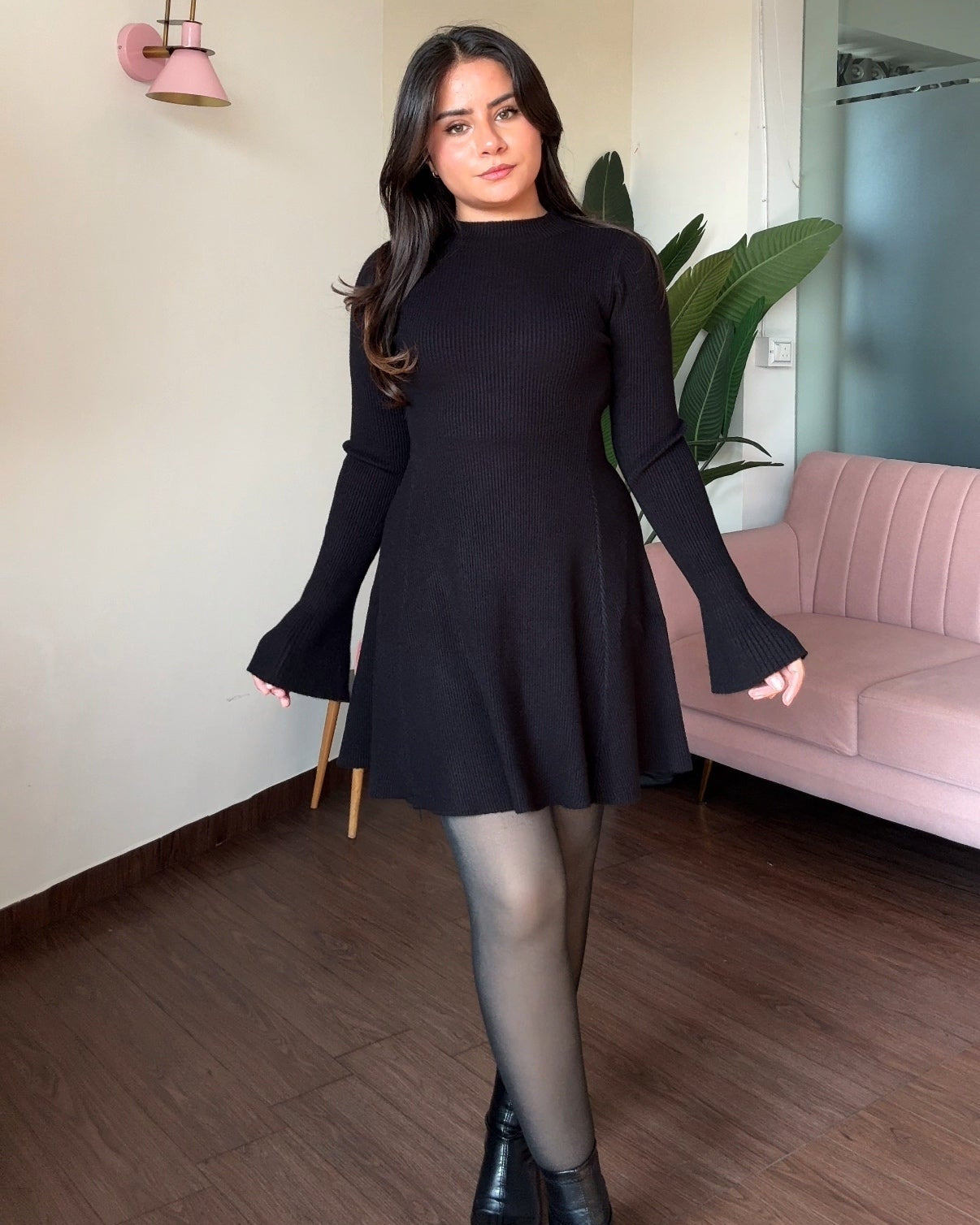 High Neck Fit And Flared Bell Sleeve Mini Sweater Dress