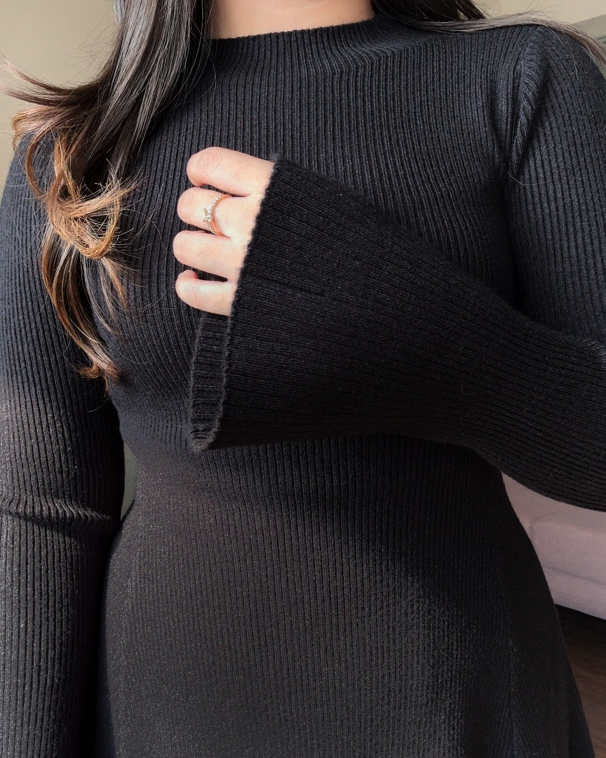 High Neck Fit And Flared Bell Sleeve Mini Sweater Dress