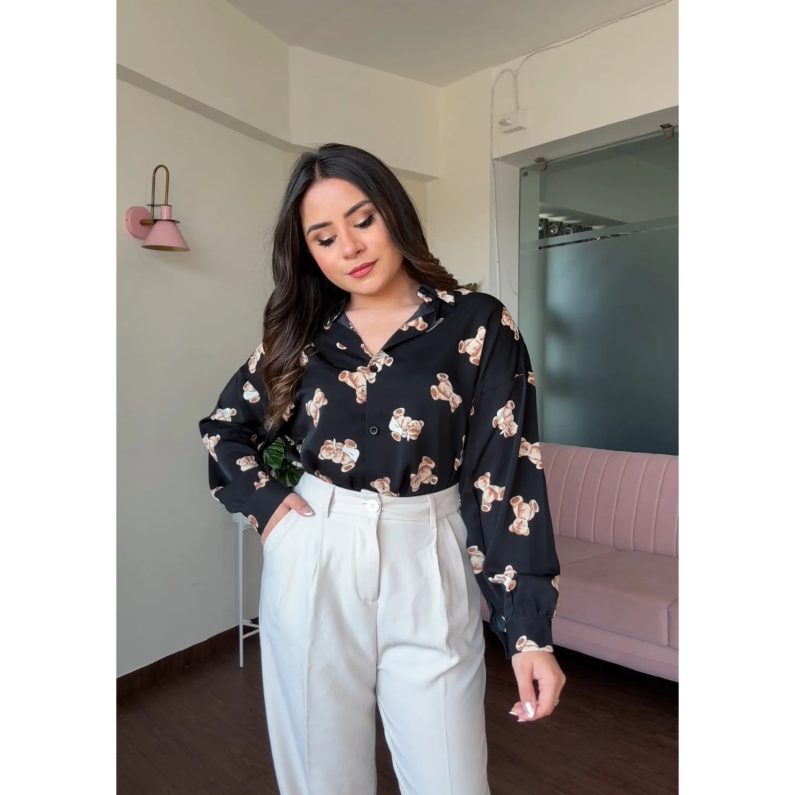 Teddy Print Crepe Shirt