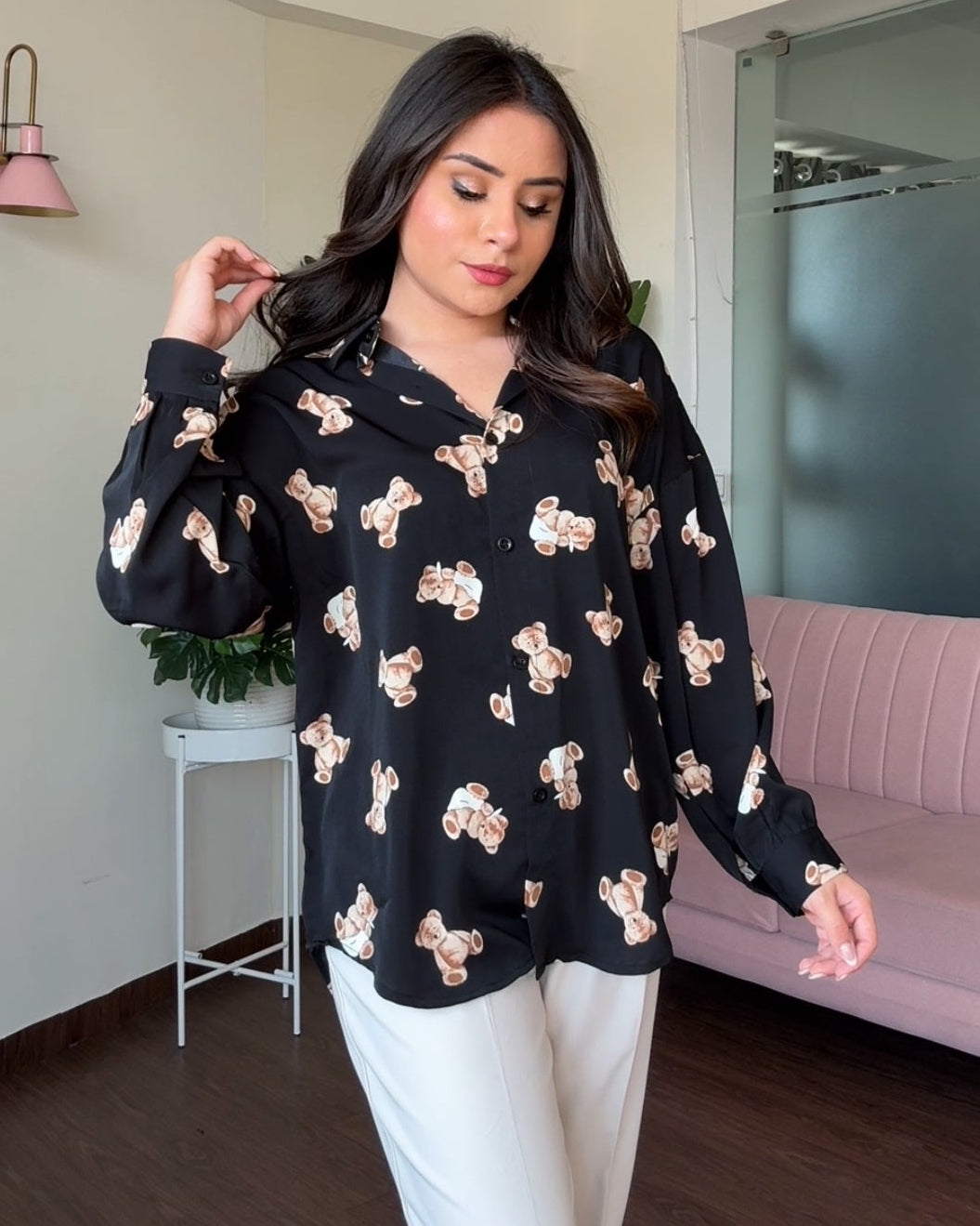 Teddy Print Crepe Shirt