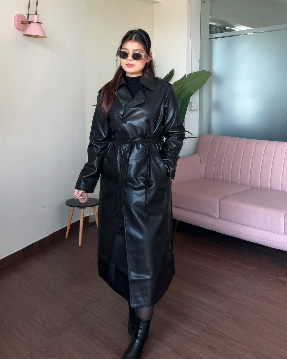 Classic Black Full Leather Trench Coat