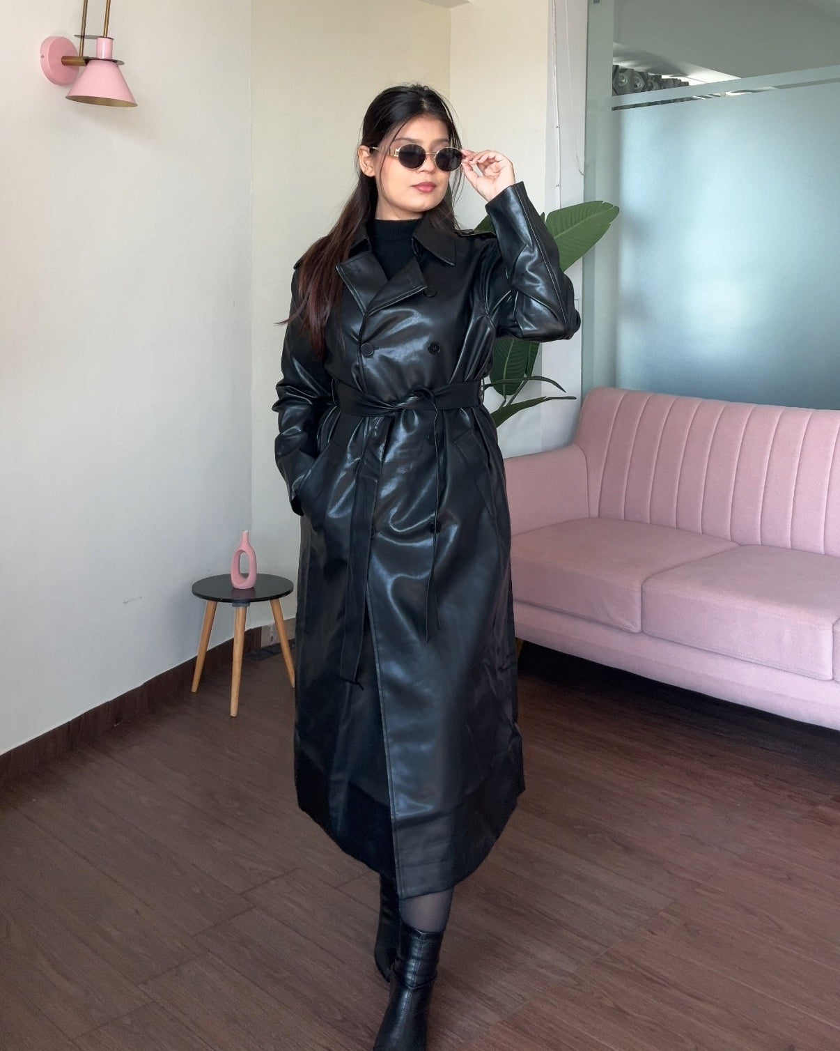 Classic Black Full Leather Trench Coat