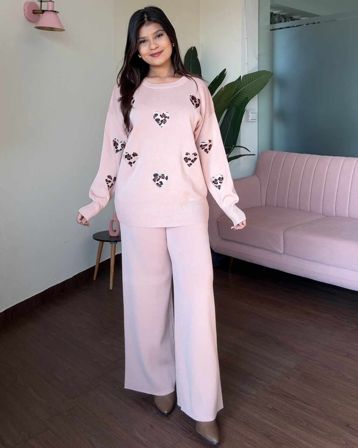 Leopard-Printed Heart Detailing Co-ord Set