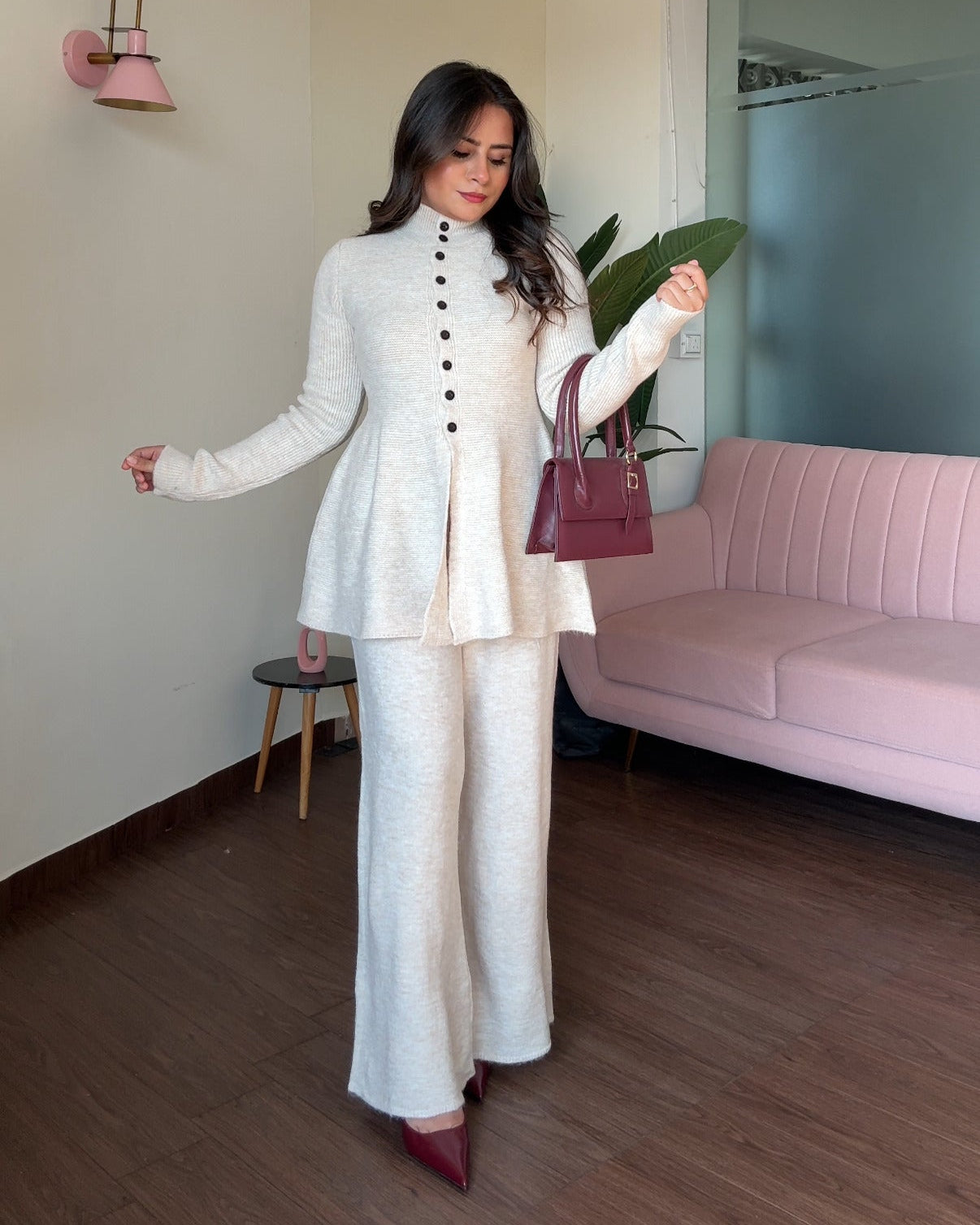 Woollen High-Neck Button Up Peplum Detailing Co-ord set