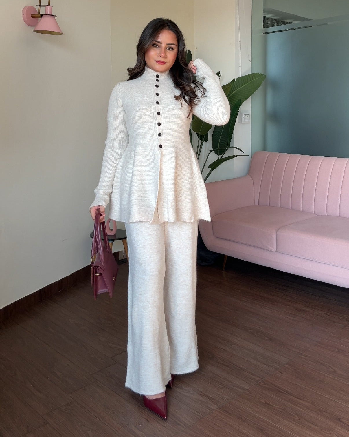 Woollen High-Neck Button Up Peplum Detailing Co-ord set