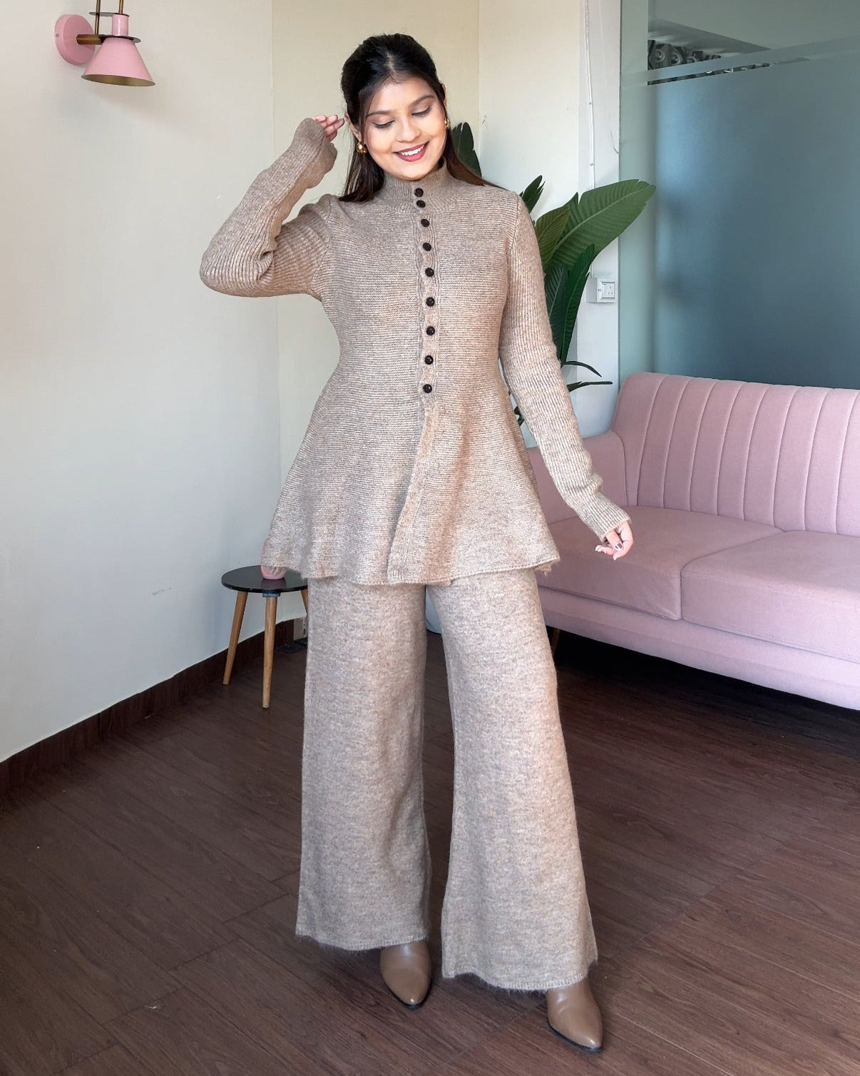 Woollen High-Neck Button Up Peplum Detailing Co-ord set