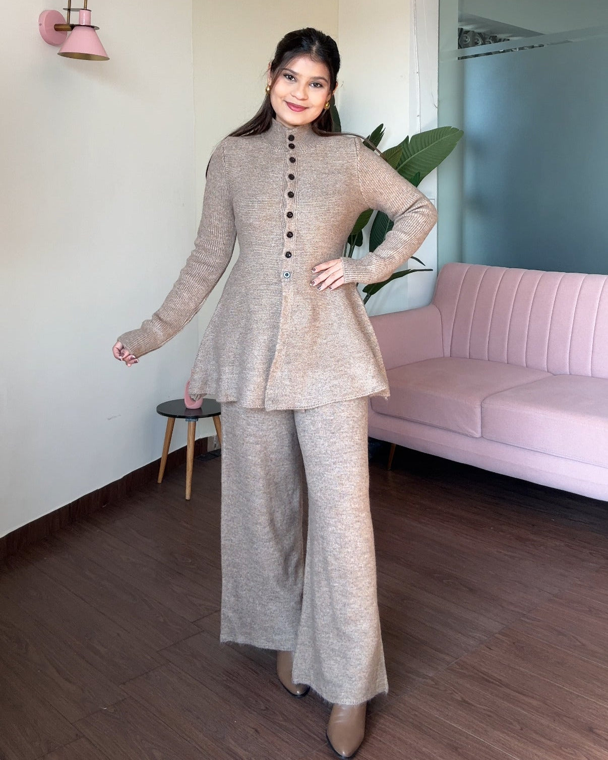 Woollen High-Neck Button Up Peplum Detailing Co-ord set