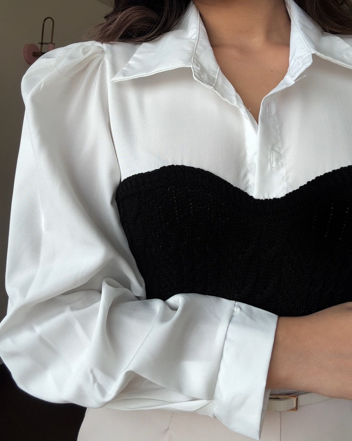Korean Polo Full-Sleeve Shirt With Textured Bustier