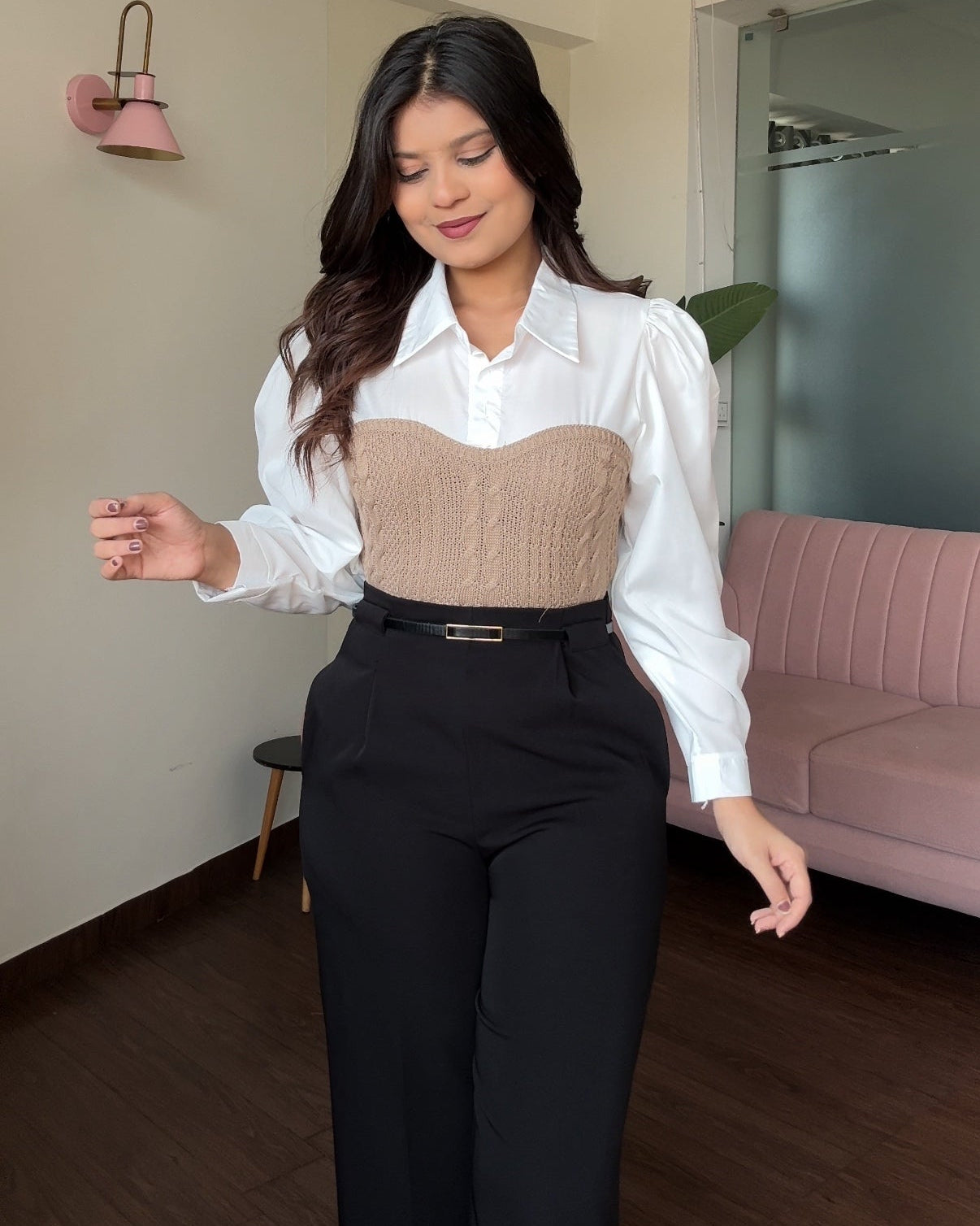 Korean Polo Full-Sleeve Shirt With Textured Bustier