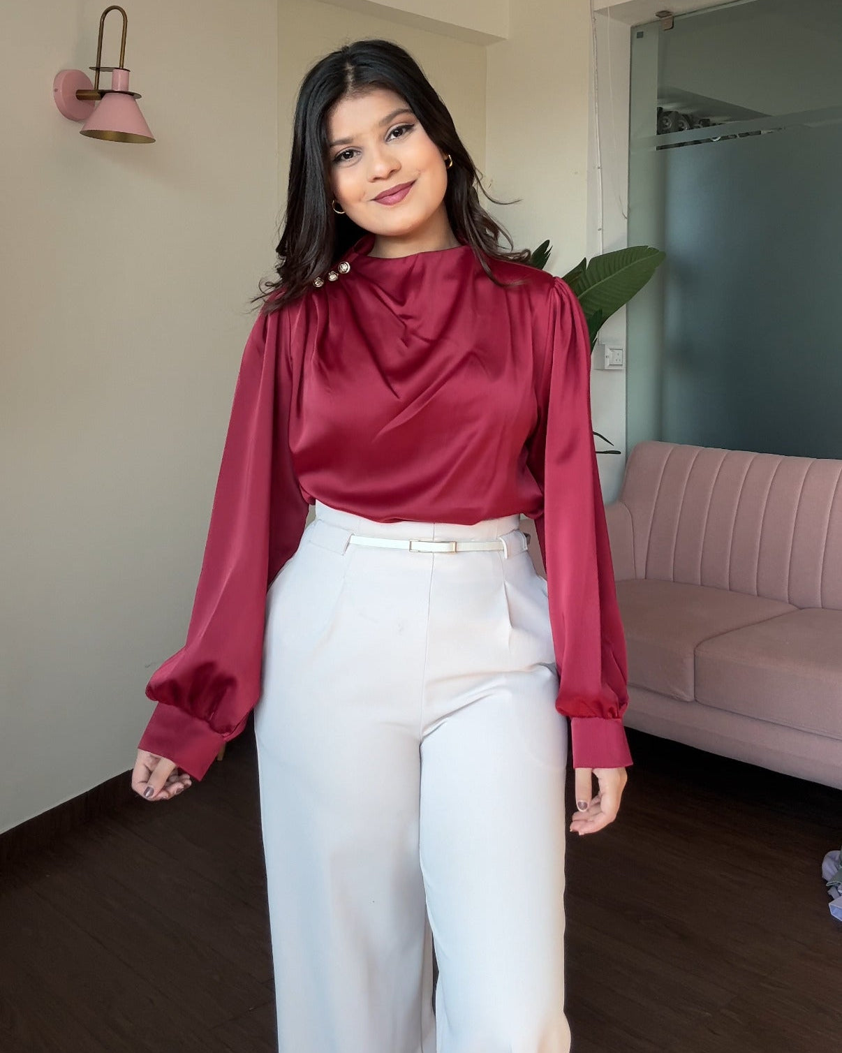 Full Sleeve Golden Button Ruched Shoulder Detailing Top