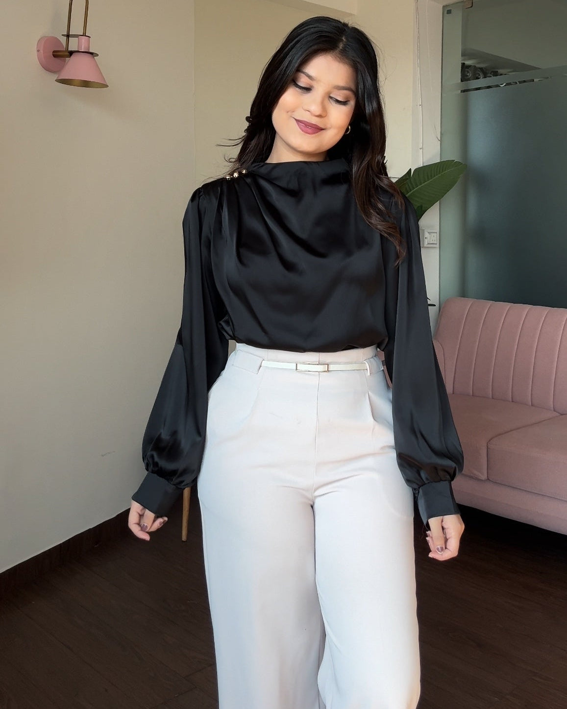 Full Sleeve Golden Button Ruched Shoulder Detailing Top