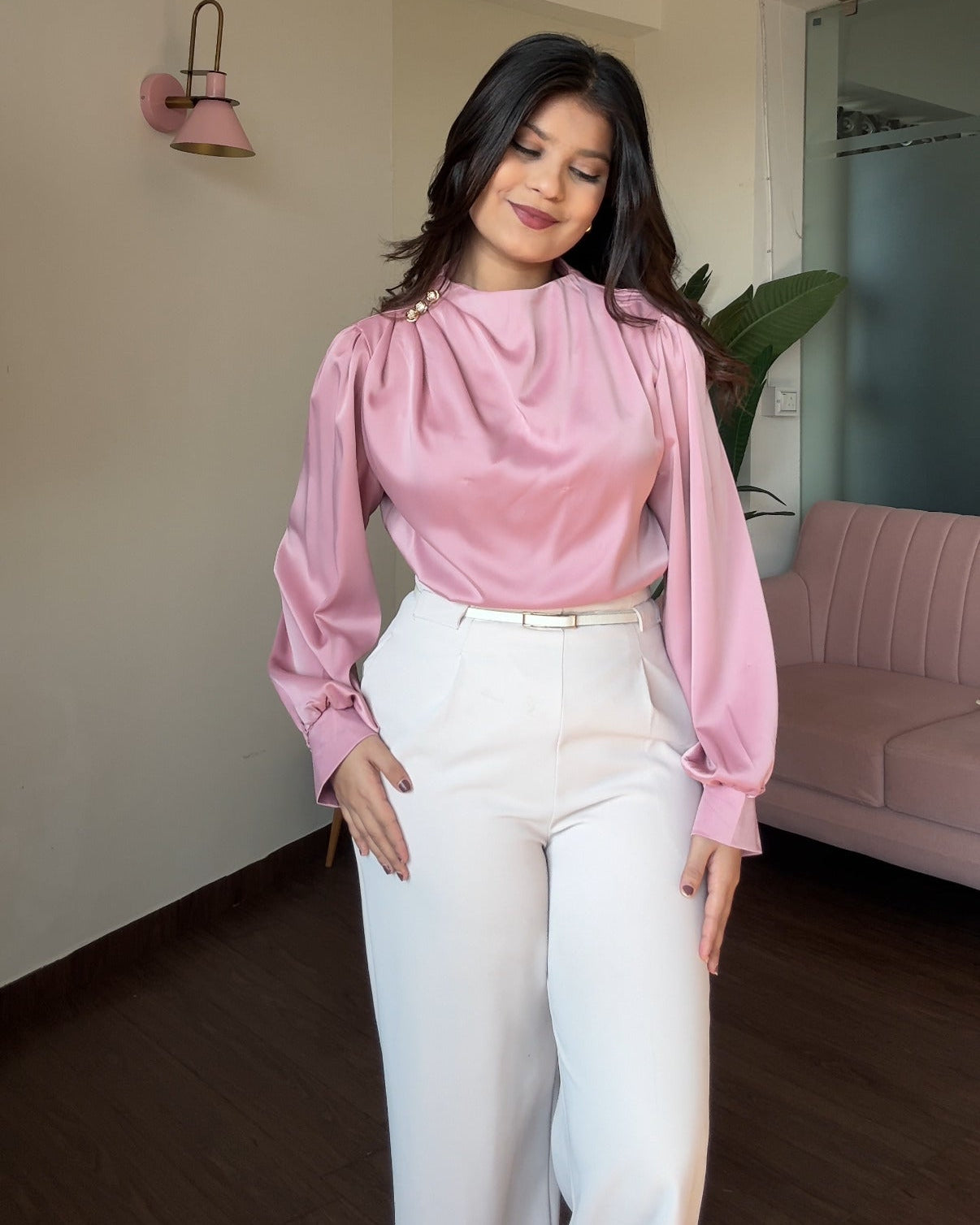 Full Sleeve Golden Button Ruched Shoulder Detailing Top