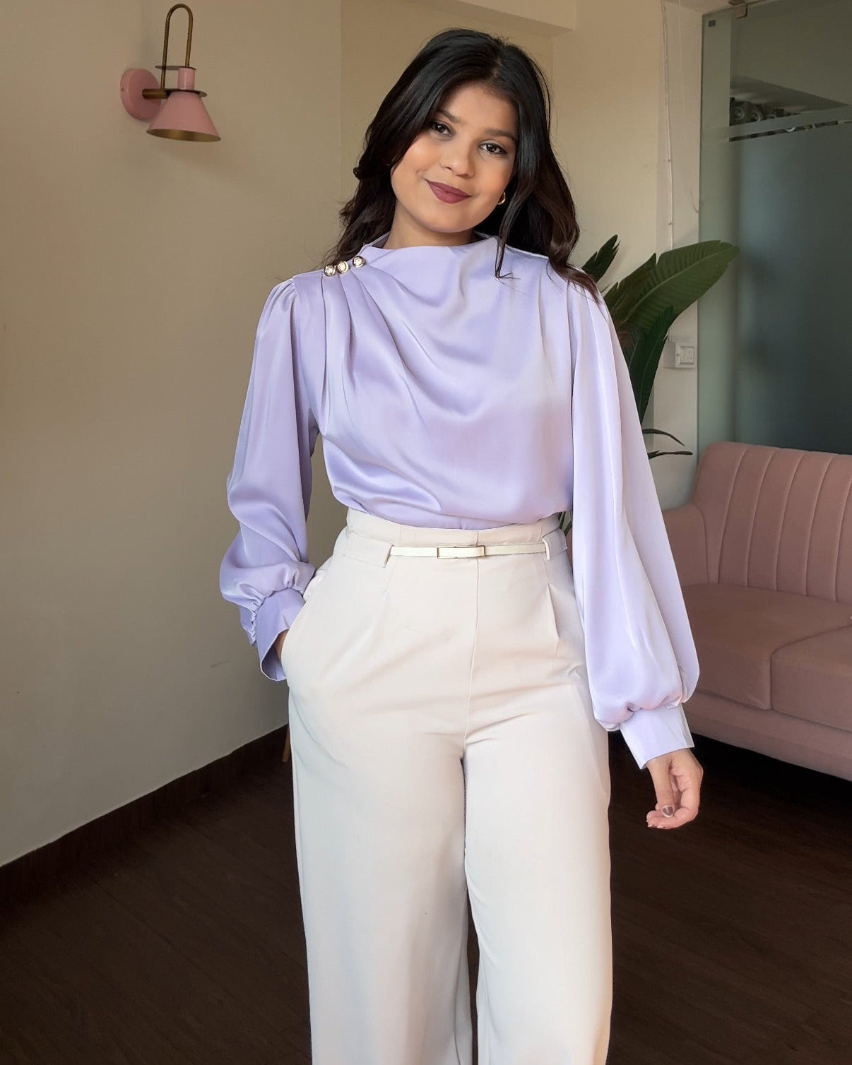 Full Sleeve Golden Button Ruched Shoulder Detailing Top