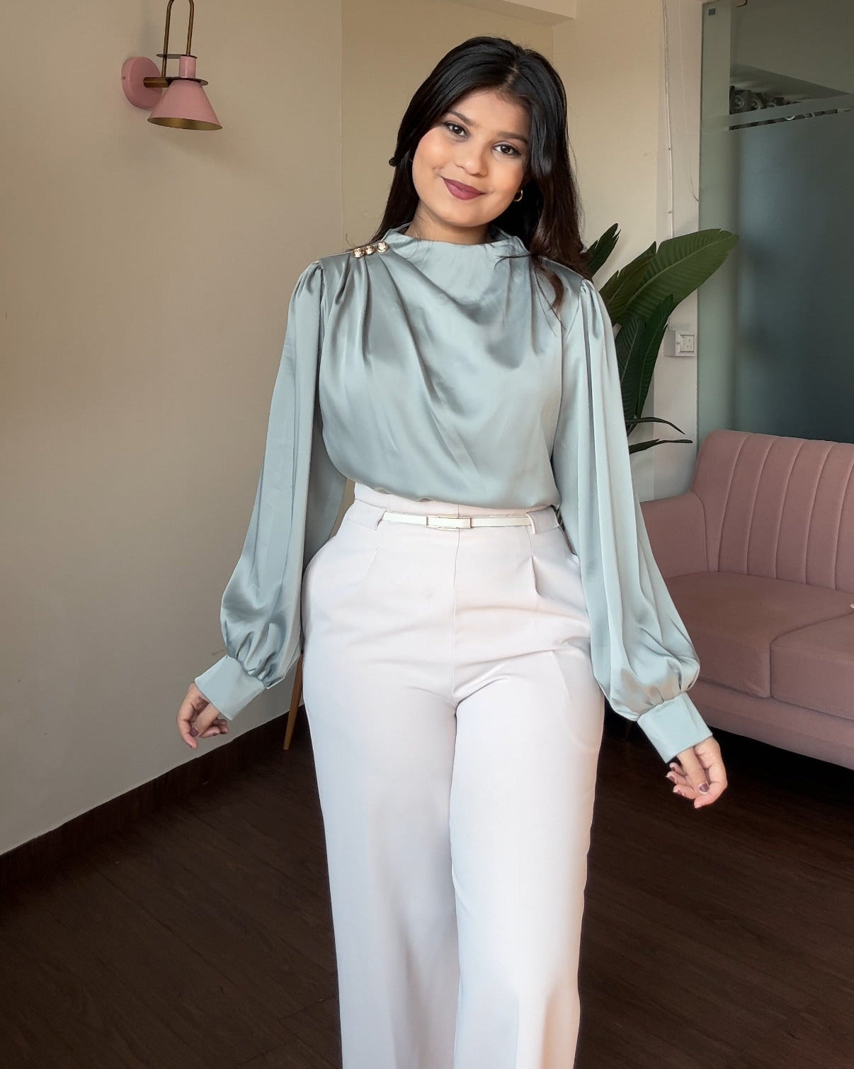 Full Sleeve Golden Button Ruched Shoulder Detailing Top