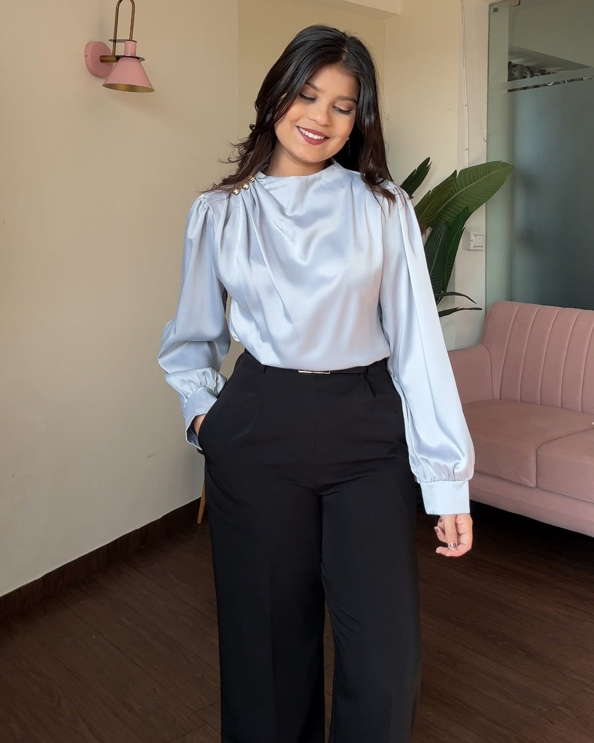 Full Sleeve Golden Button Ruched Shoulder Detailing Top