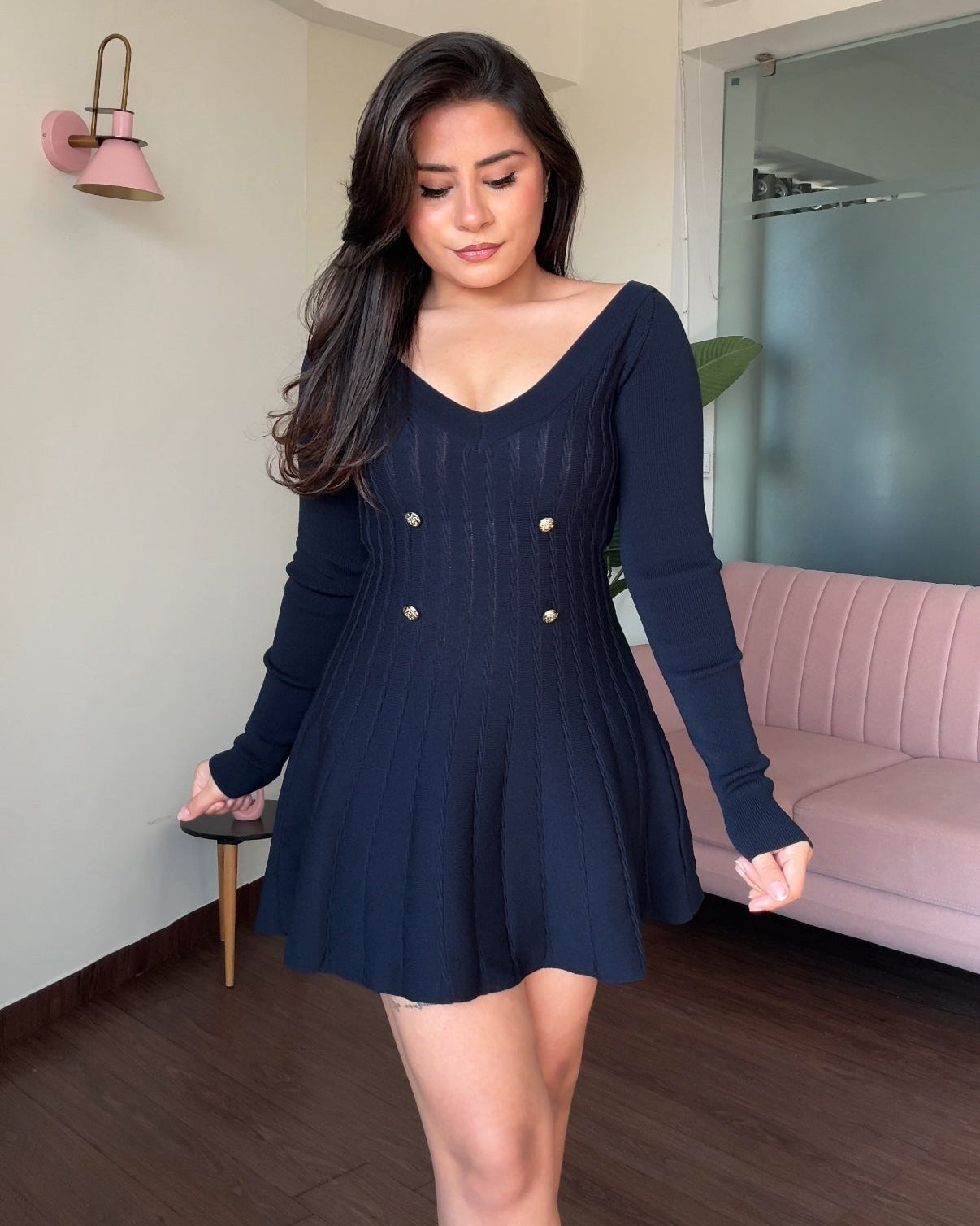 V-Neck Textured Fit And Flared Silver Button Full Sleeves Dress