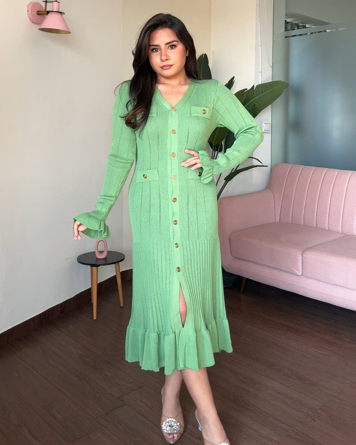 Golden Button Fit And Flared Ruffle Midi Dress