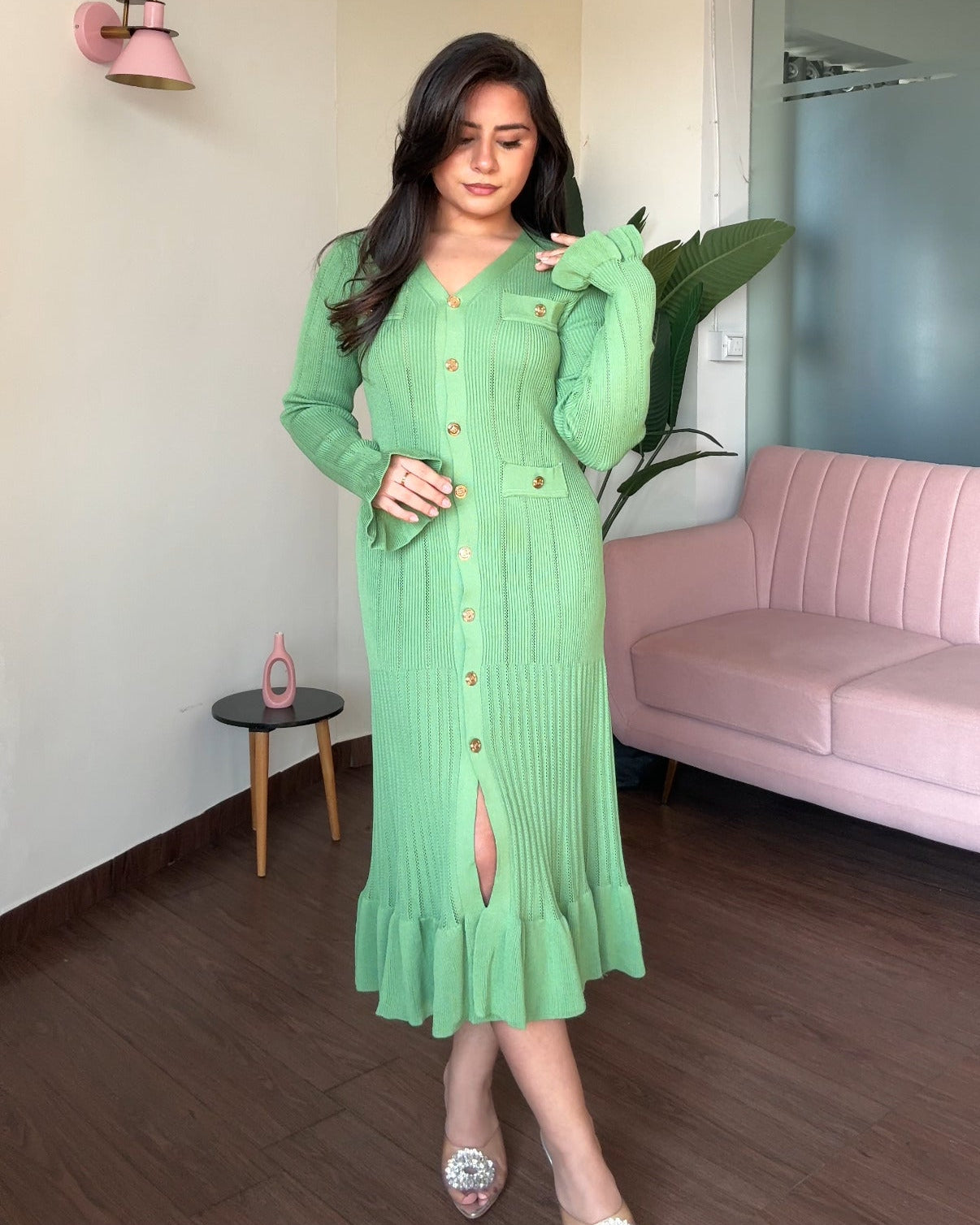 Golden Button Fit And Flared Ruffle Midi Dress