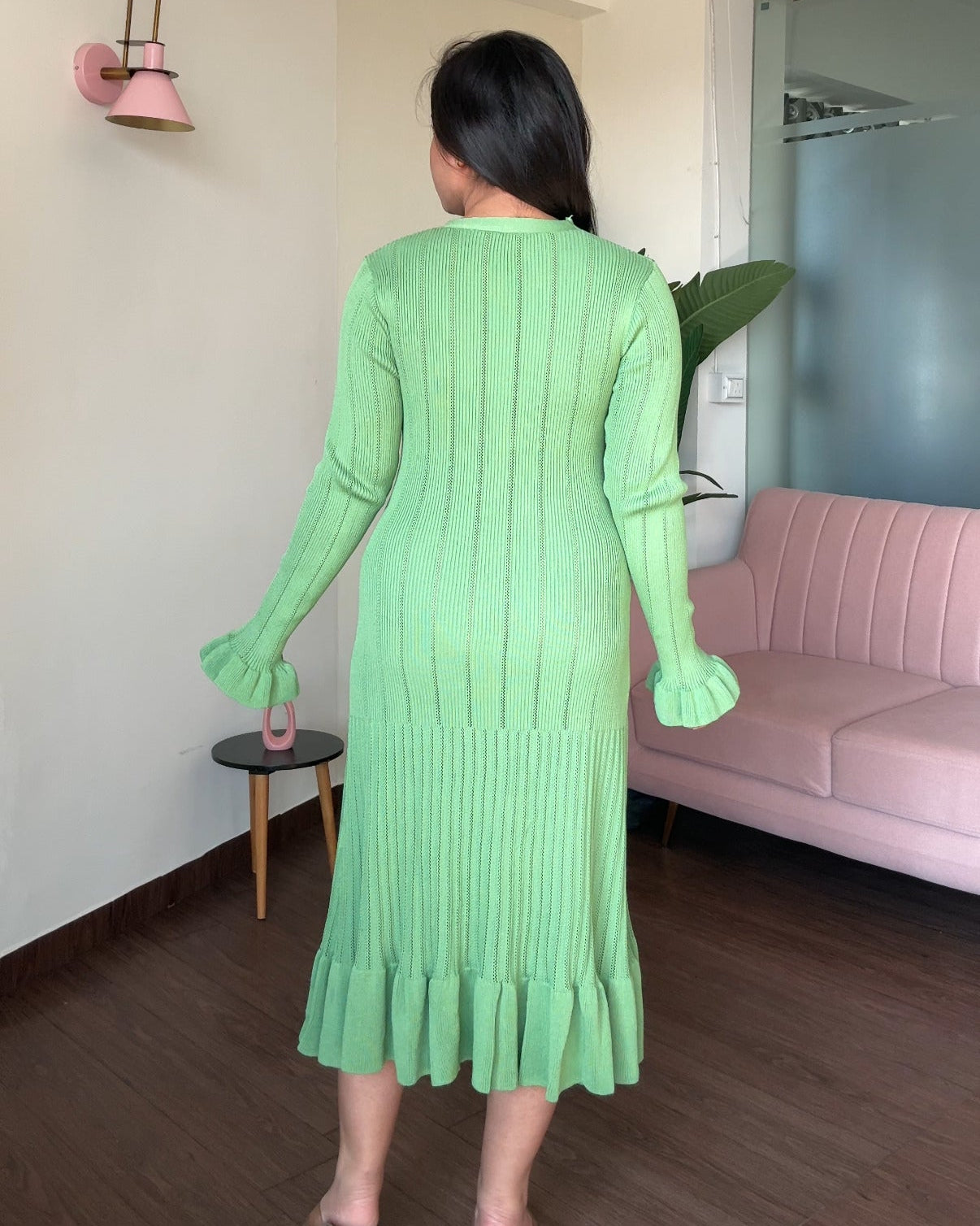 Golden Button Fit And Flared Ruffle Midi Dress