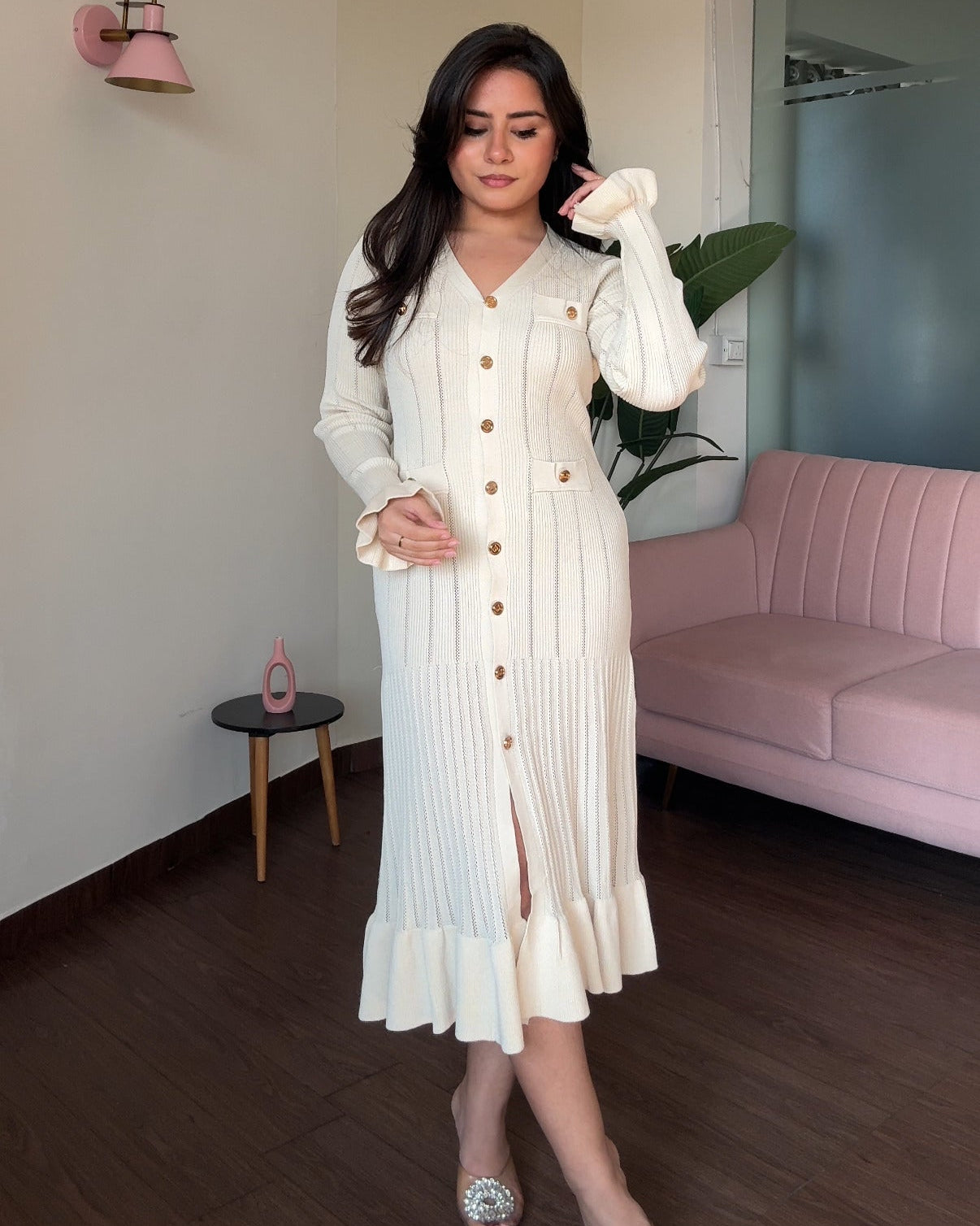 Golden Button Fit And Flared Ruffle Midi Dress