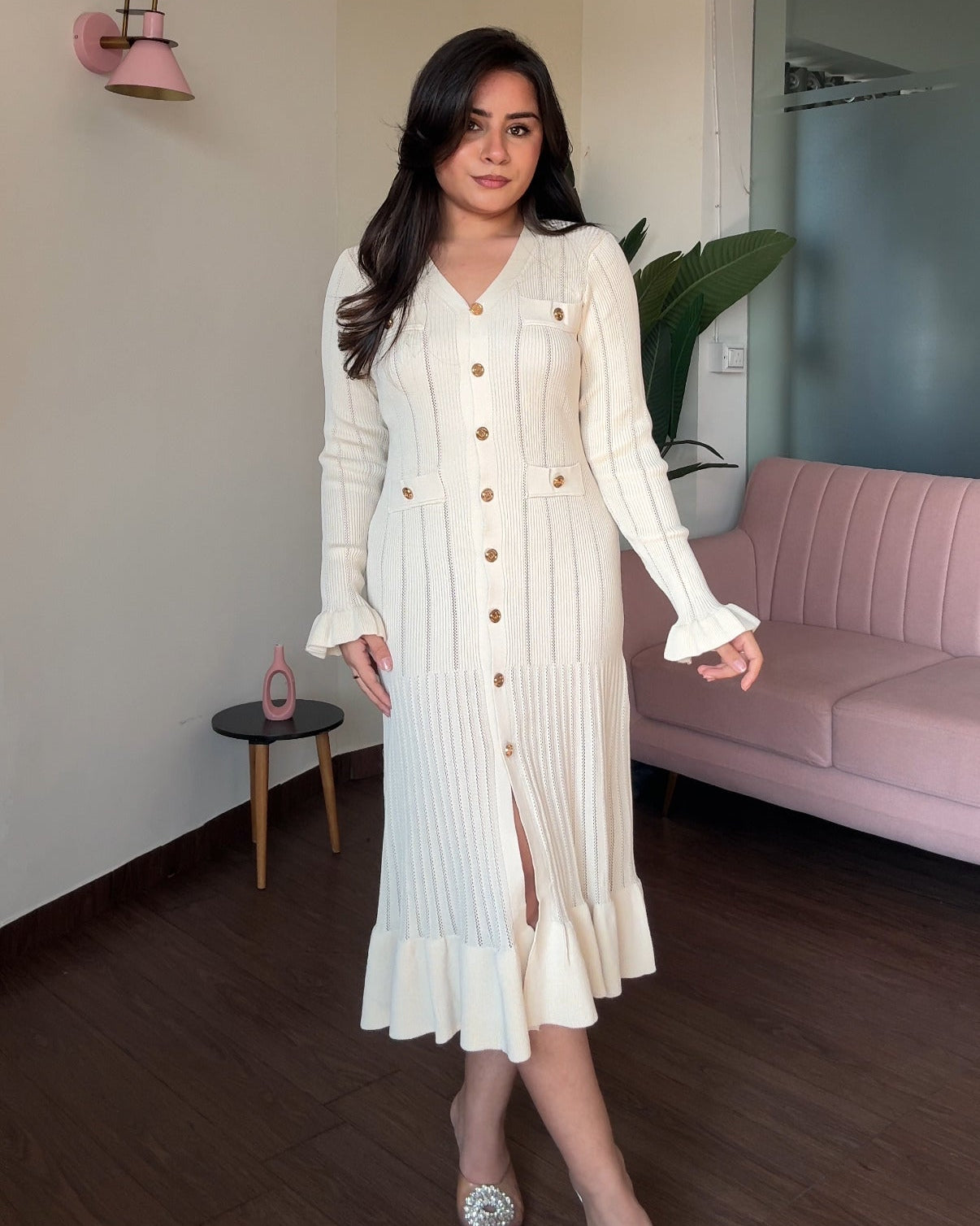 Golden Button Fit And Flared Ruffle Midi Dress