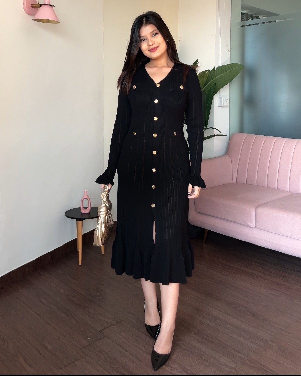 Golden Button Fit And Flared Ruffle Midi Dress