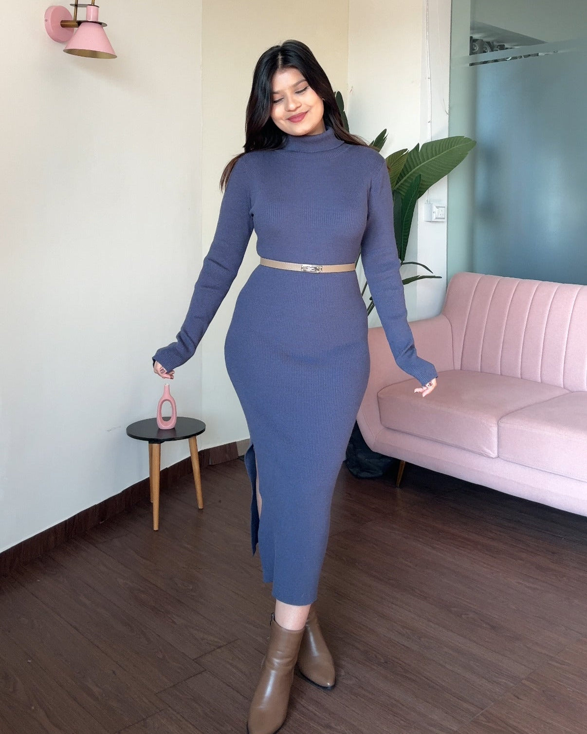 High-Neck Ribbed Knitted Midi Dress With Belt