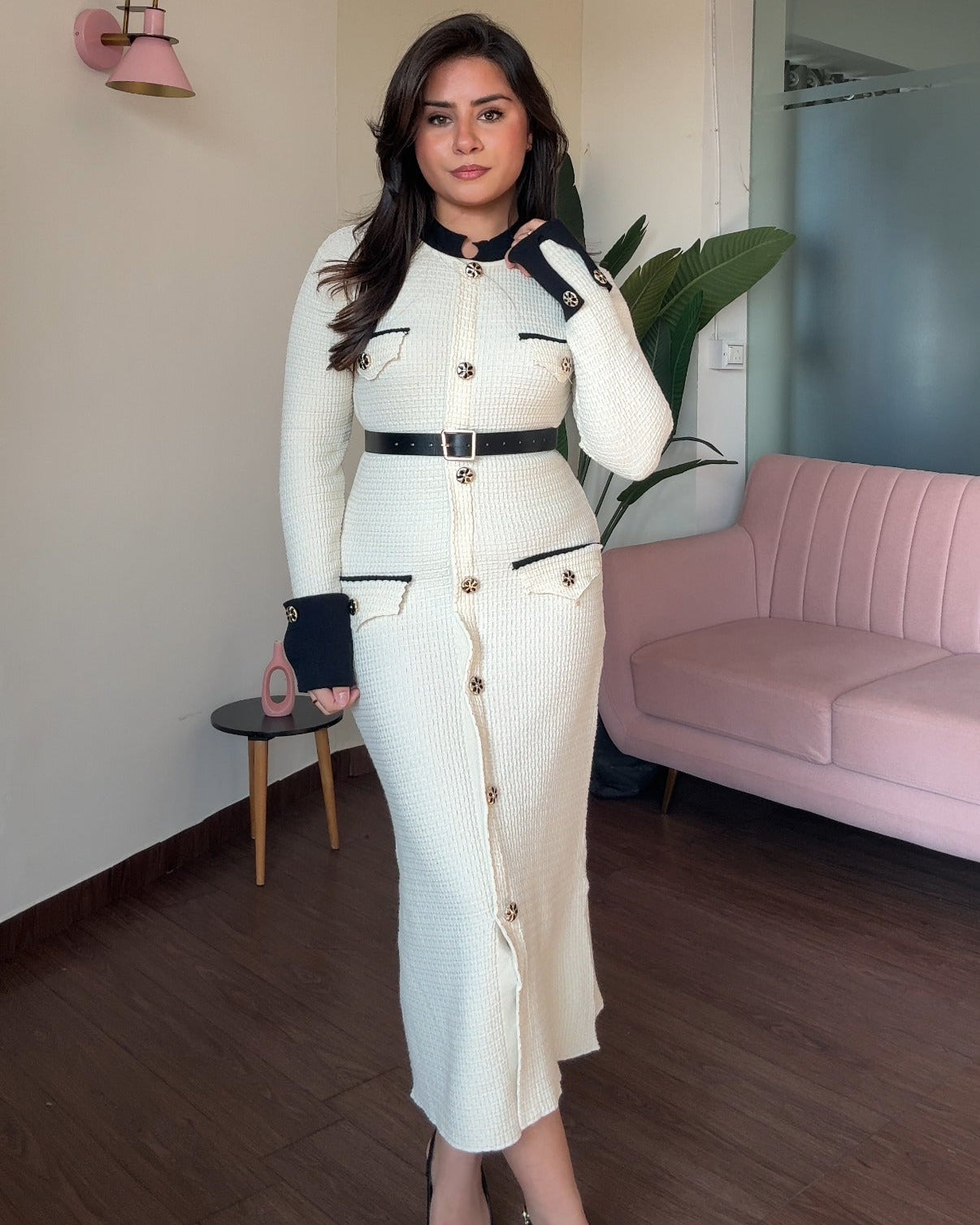 Textured Contrast Detailing Golden Button Midi Dress With Belt