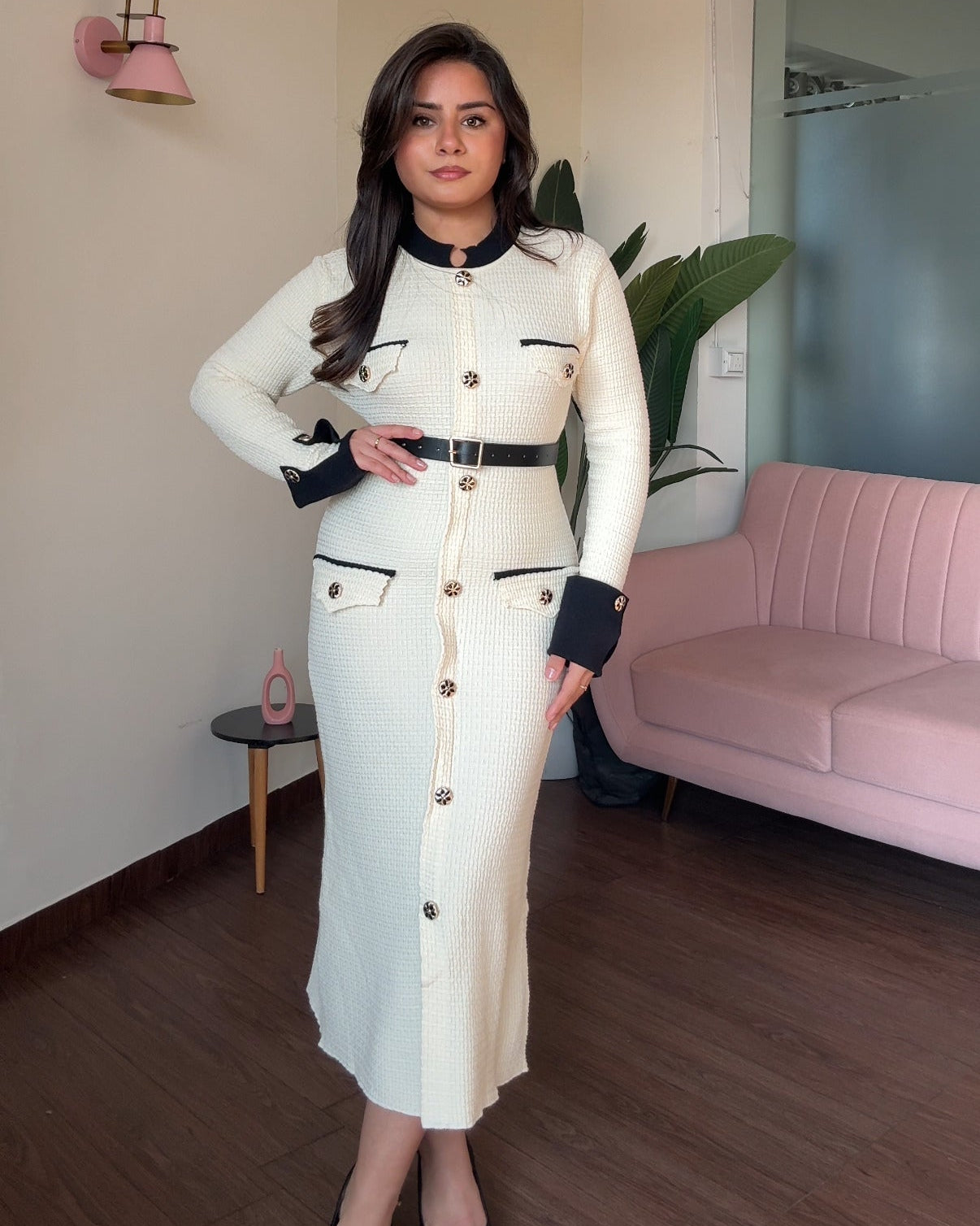 Textured Contrast Detailing Golden Button Midi Dress With Belt