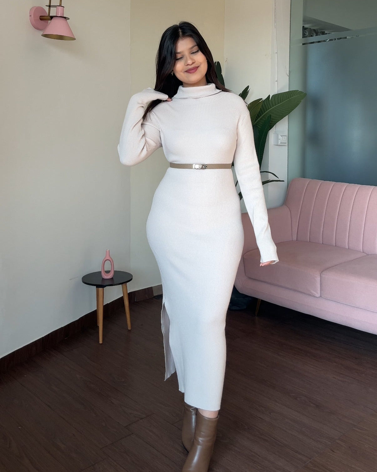 High-Neck Ribbed Knitted Midi Dress With Belt