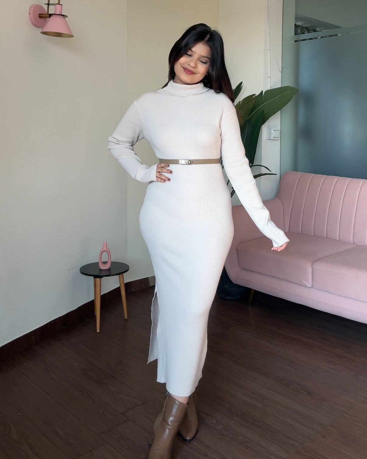 High-Neck Ribbed Knitted Midi Dress With Belt