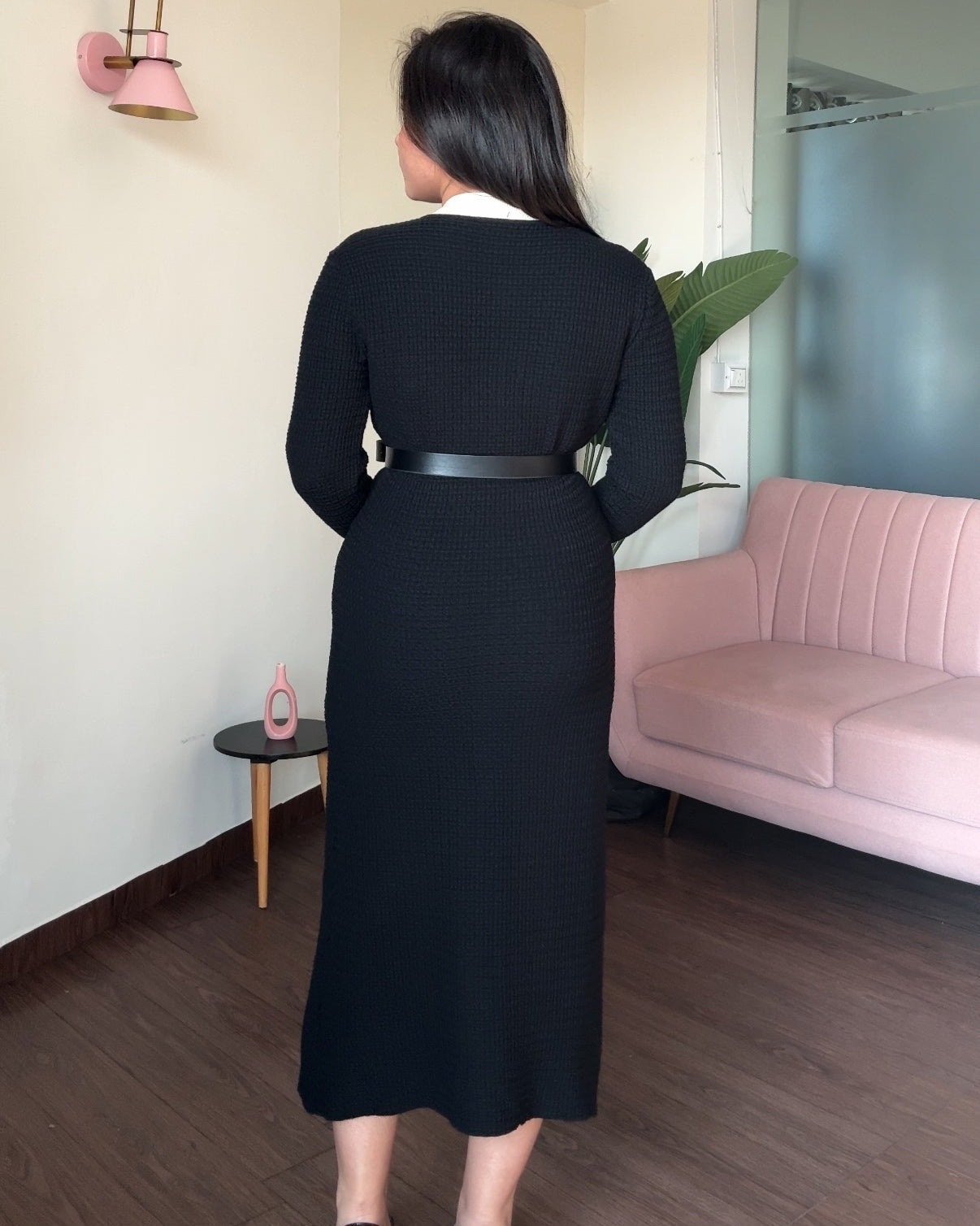 Textured Contrast Detailing Golden Button Midi Dress With Belt