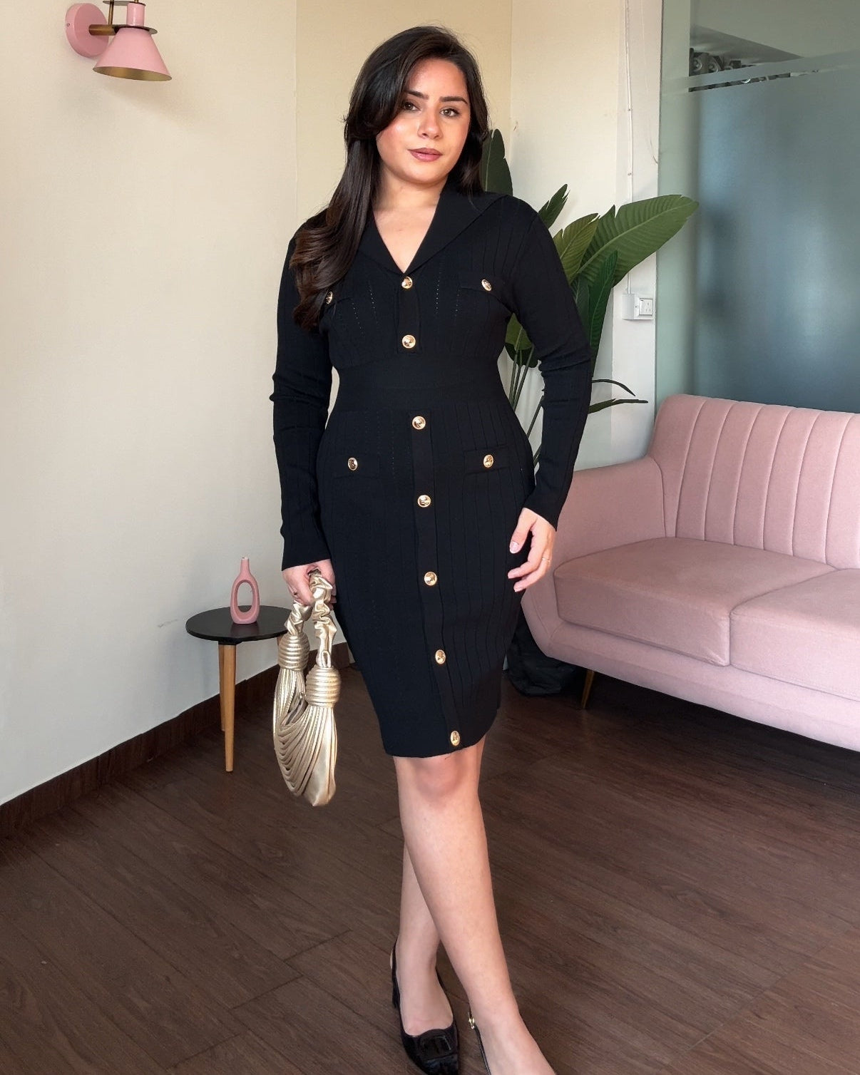 Black V-Neck Golden Button Modest Winter Dress