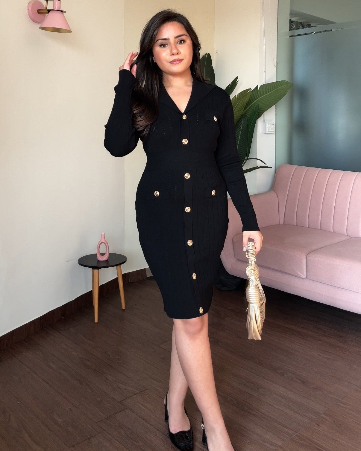 Black V-Neck Golden Button Modest Winter Dress