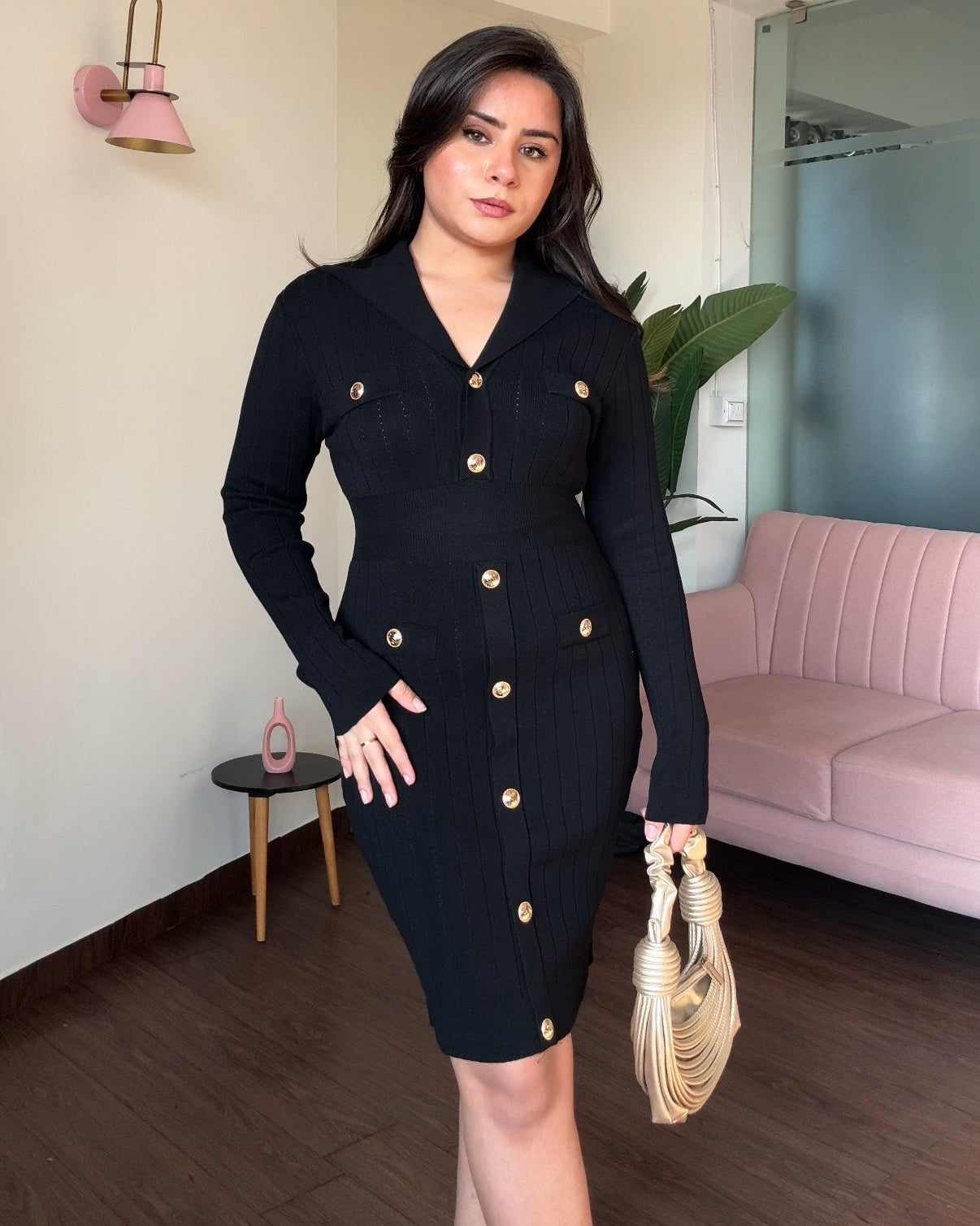 Black V-Neck Golden Button Modest Winter Dress