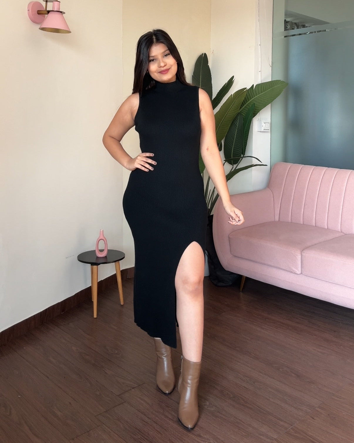 Cut Sleeve High Neck Winter Knitted Midi Dress