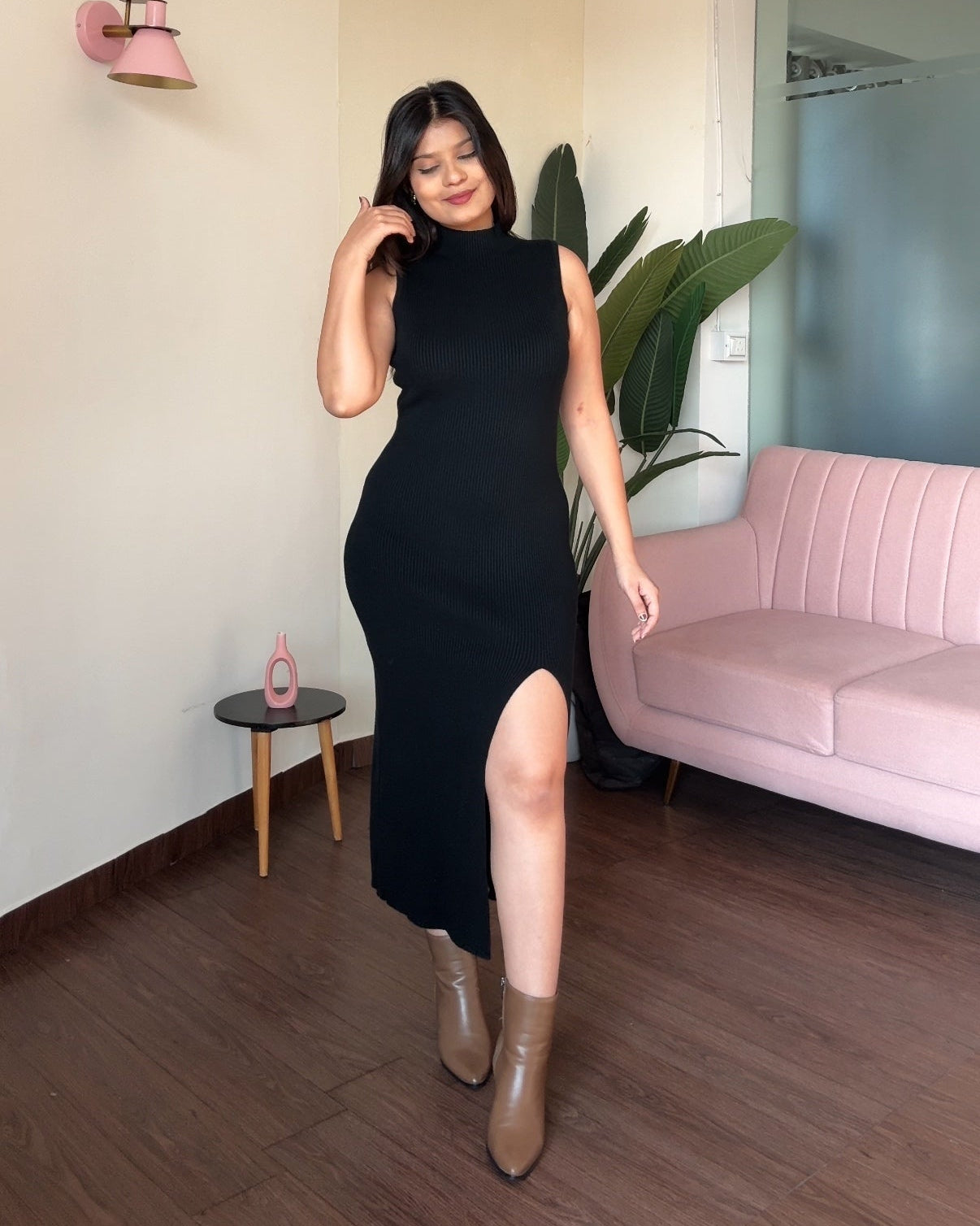 Cut Sleeve High Neck Winter Knitted Midi Dress