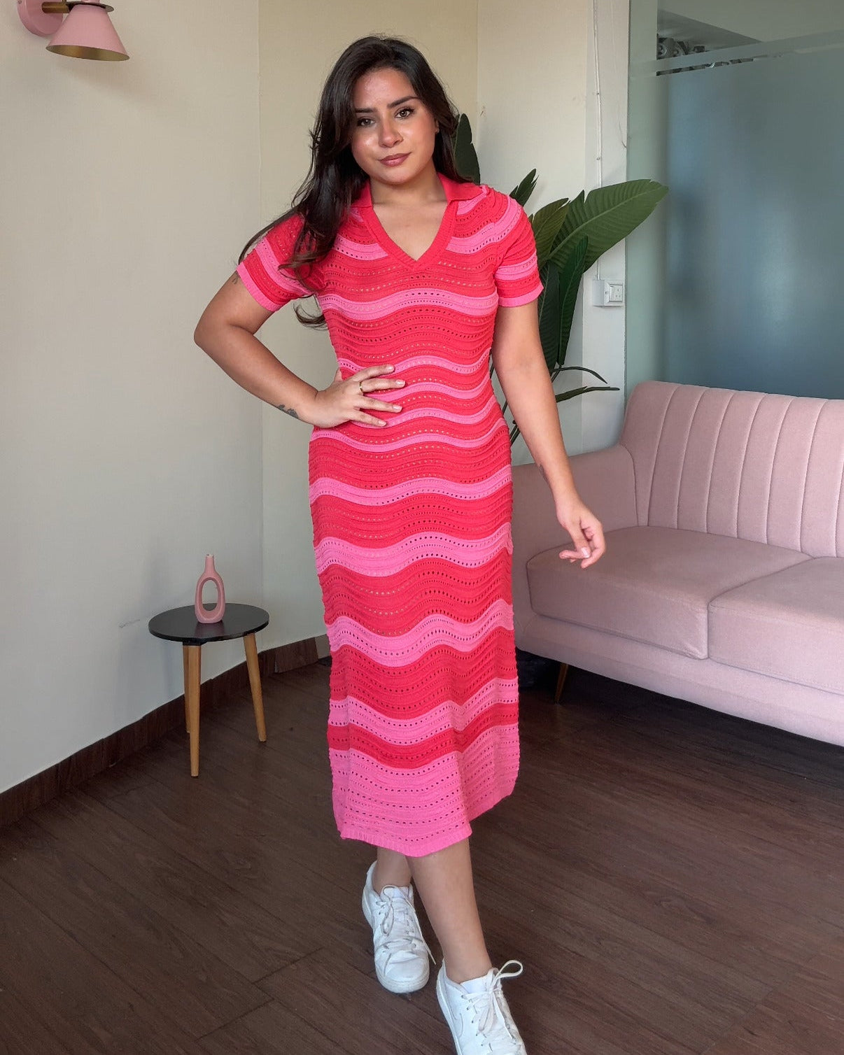 Textured Cut Work Detailing Colour Block Wavy Midi Dress