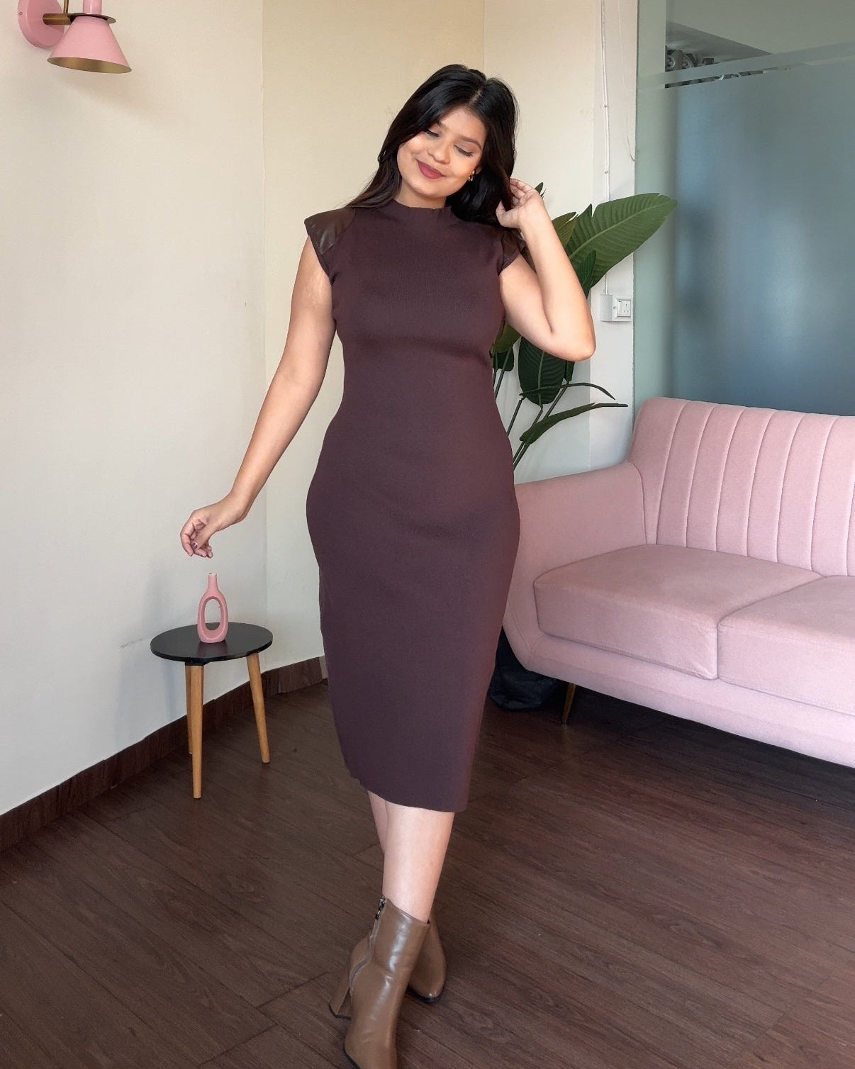 Knitted Midi Dress With Leather Shoulder Detailing