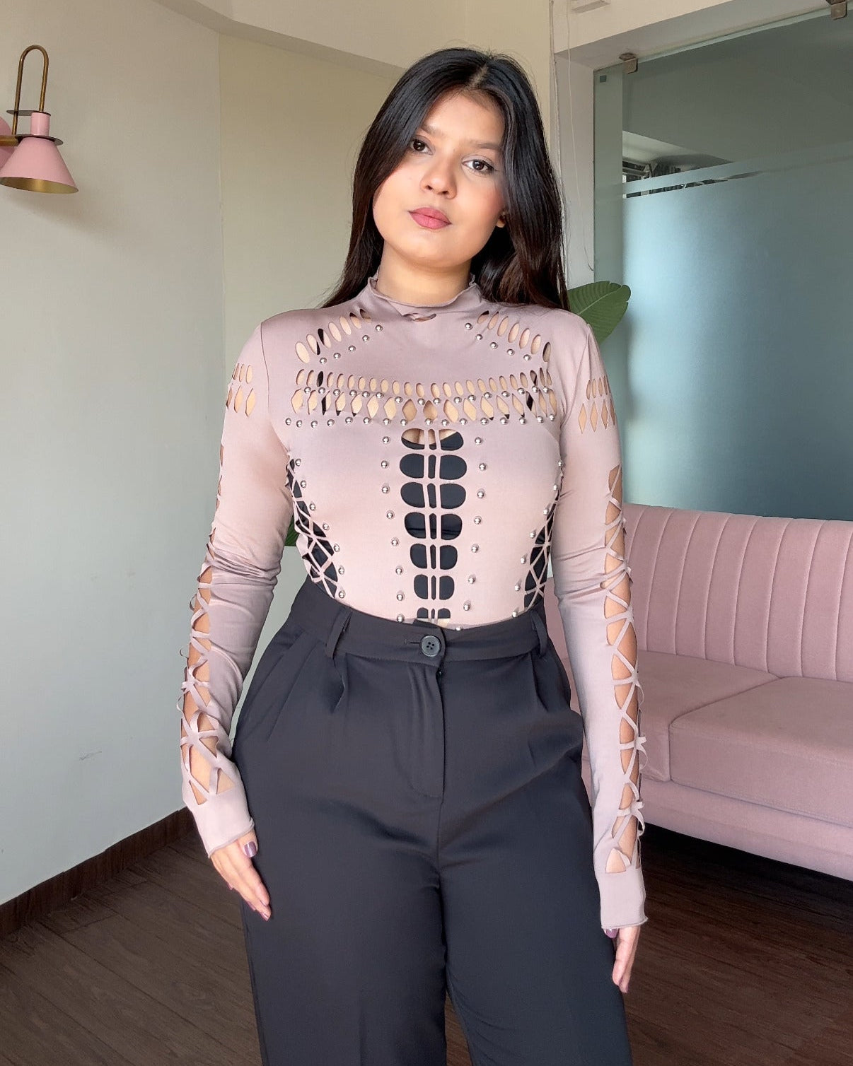 Cut Work Golden Stone Detailing Bodysuit