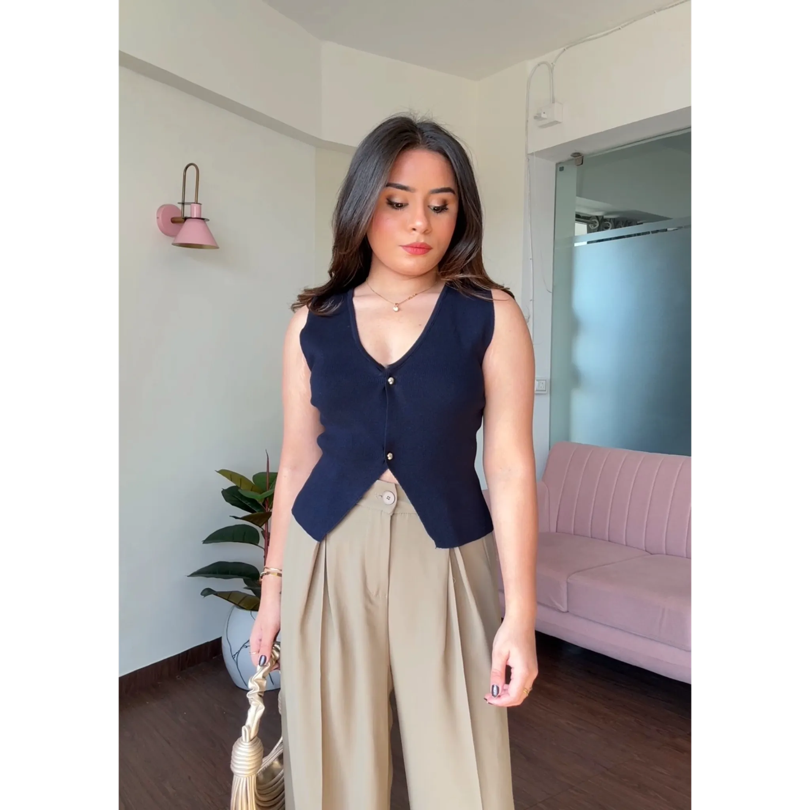 Knitted Solid Vest Top With Golden Buttons