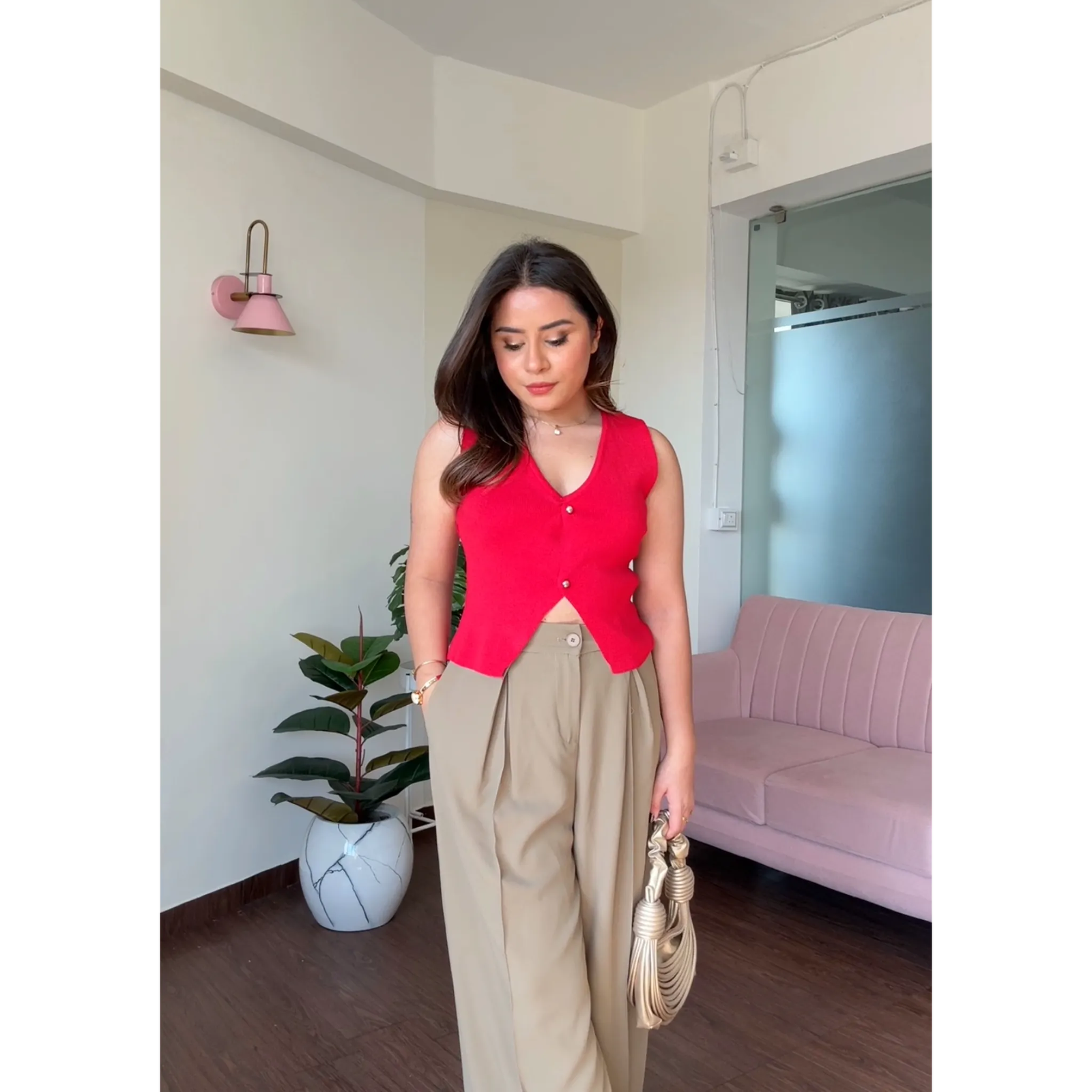 Knitted Solid Vest Top With Golden Buttons