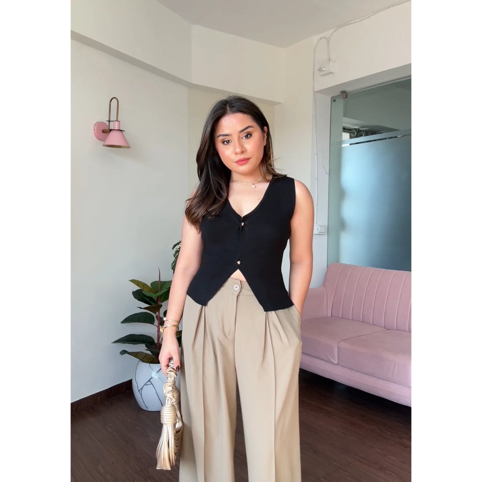 Knitted Solid Vest Top With Golden Buttons