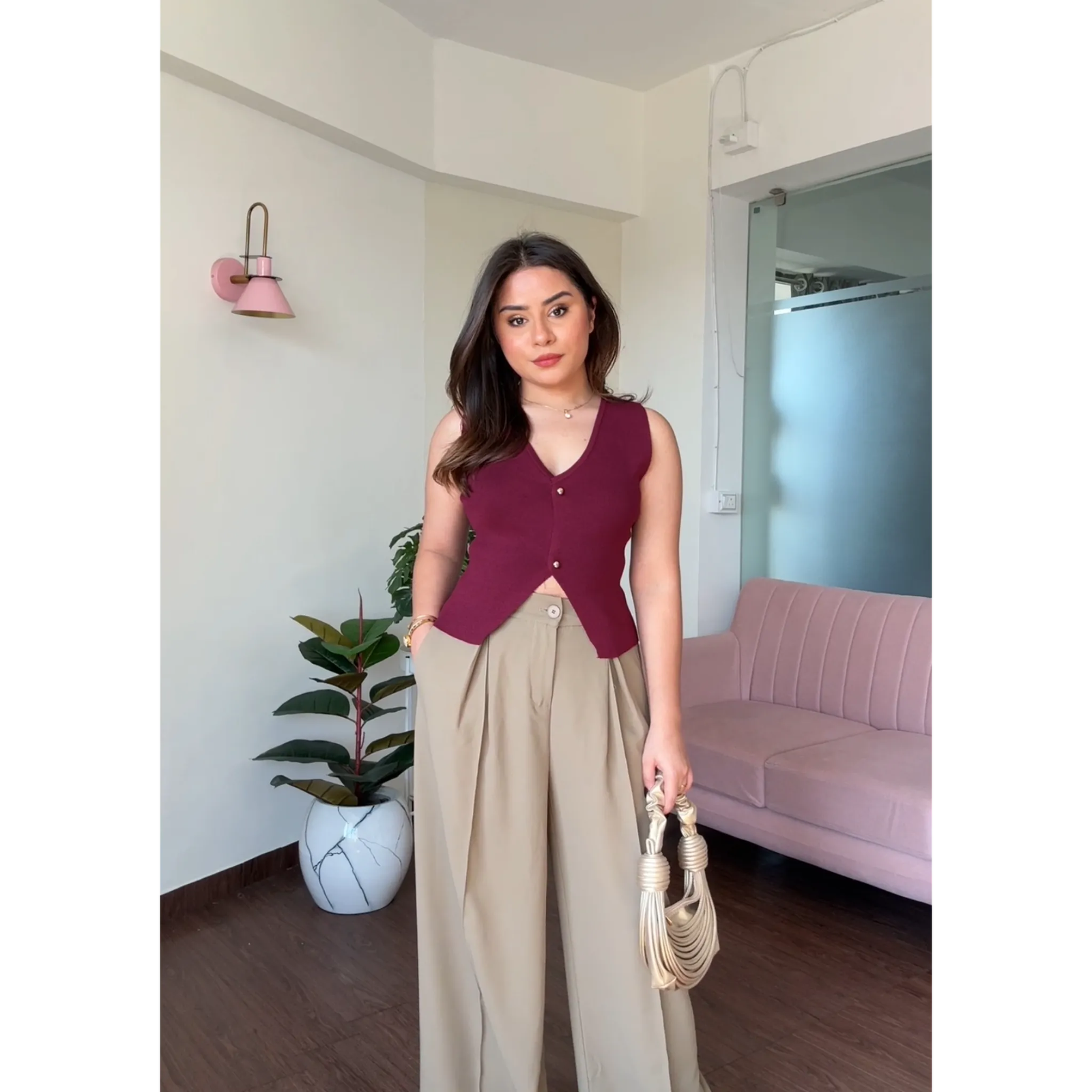 Knitted Solid Vest Top With Golden Buttons