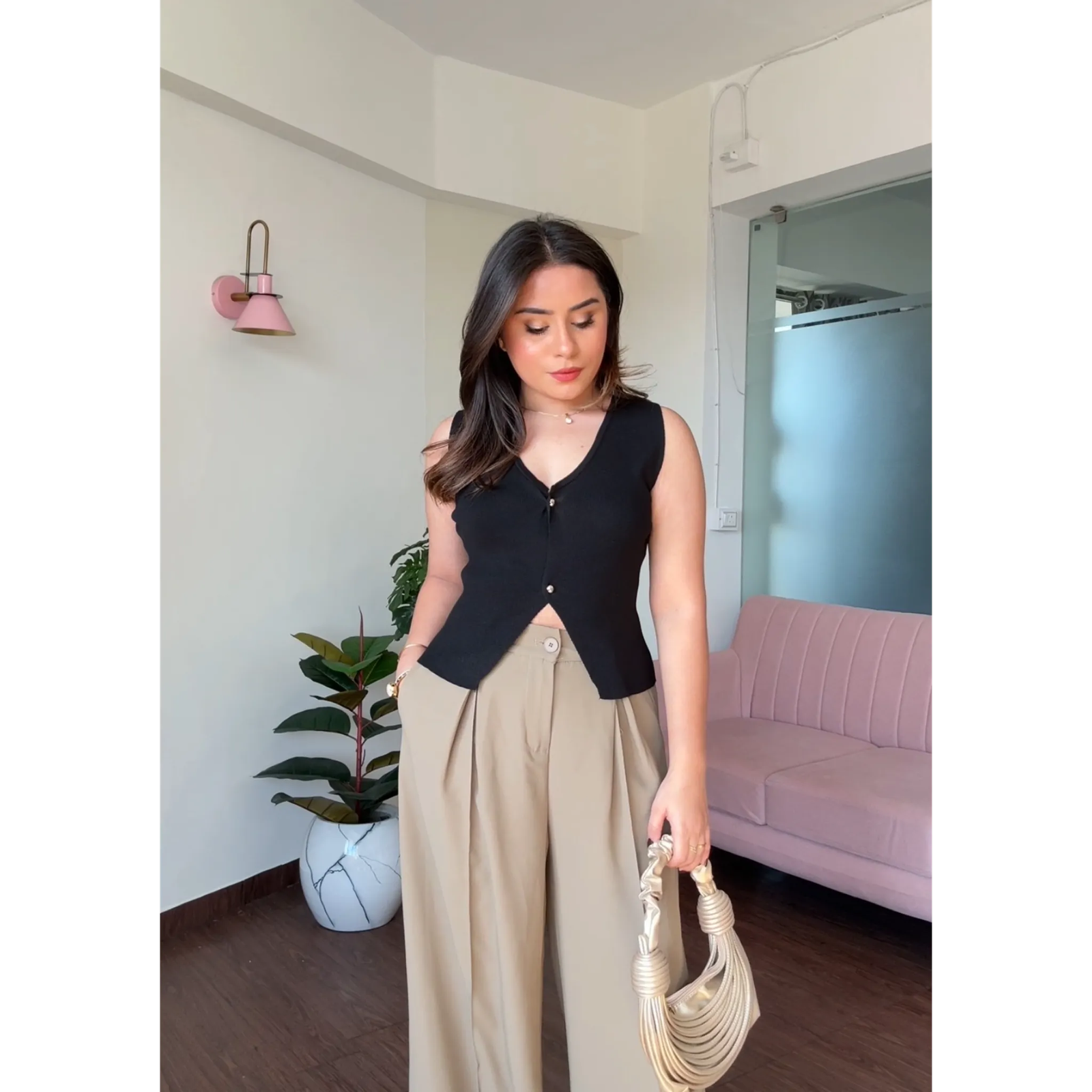 Knitted Solid Vest Top With Golden Buttons
