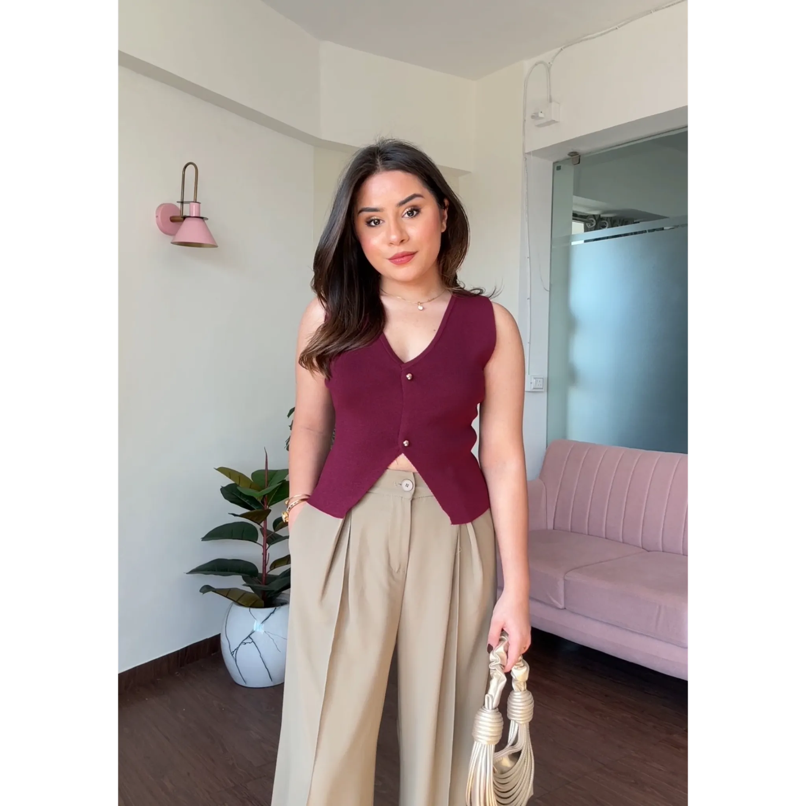 Knitted Solid Vest Top With Golden Buttons