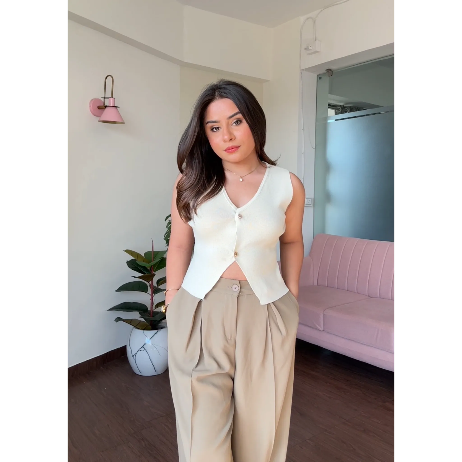 Knitted Solid Vest Top With Golden Buttons